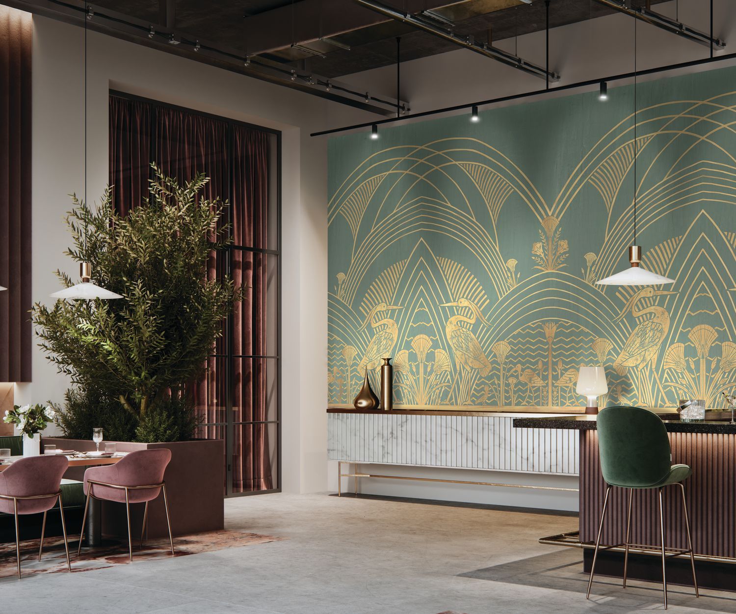 Art Deco Mural ELEPHANTINE Green with Gold