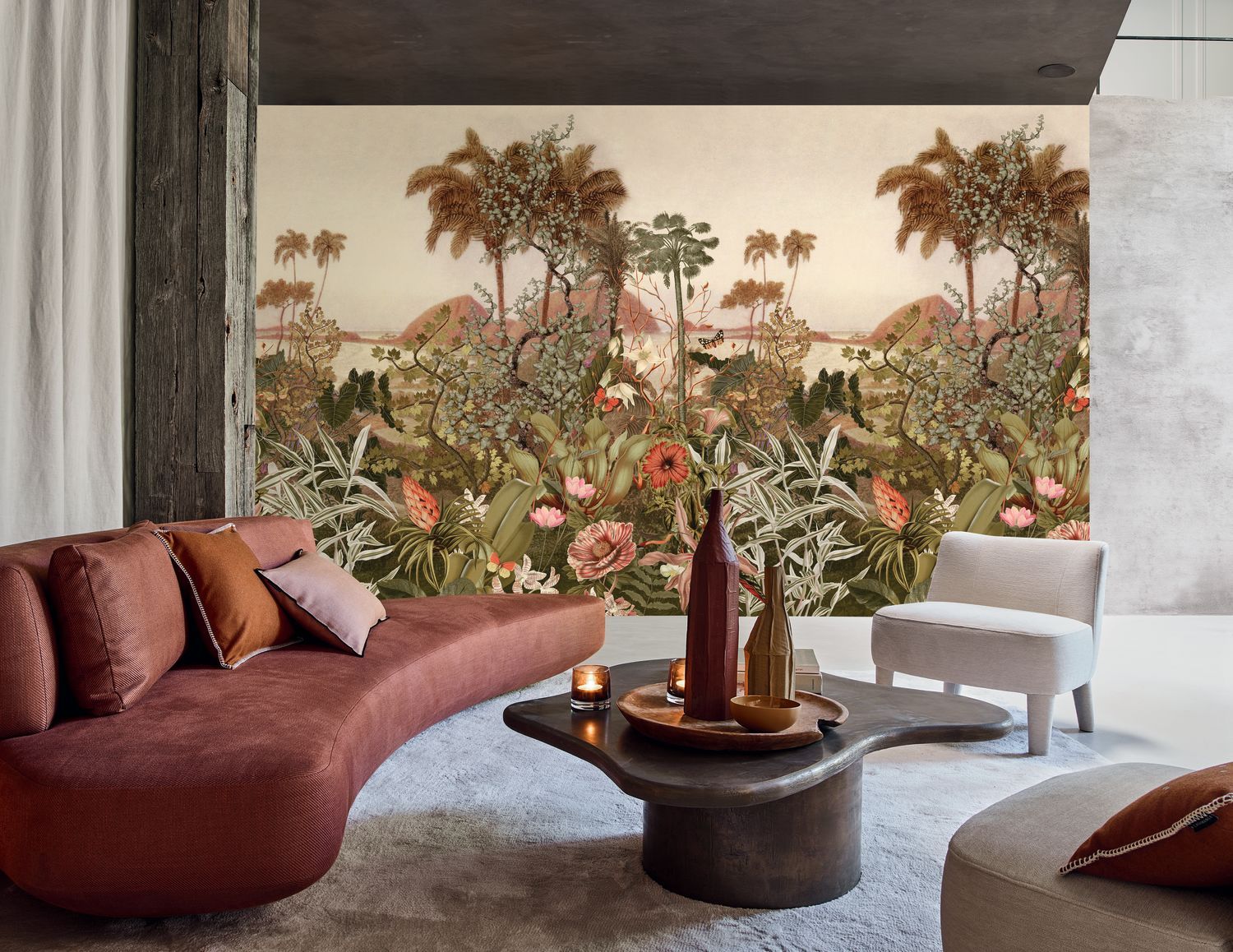 Beige Tropical Palm Landscape Mural KISAMA with Green