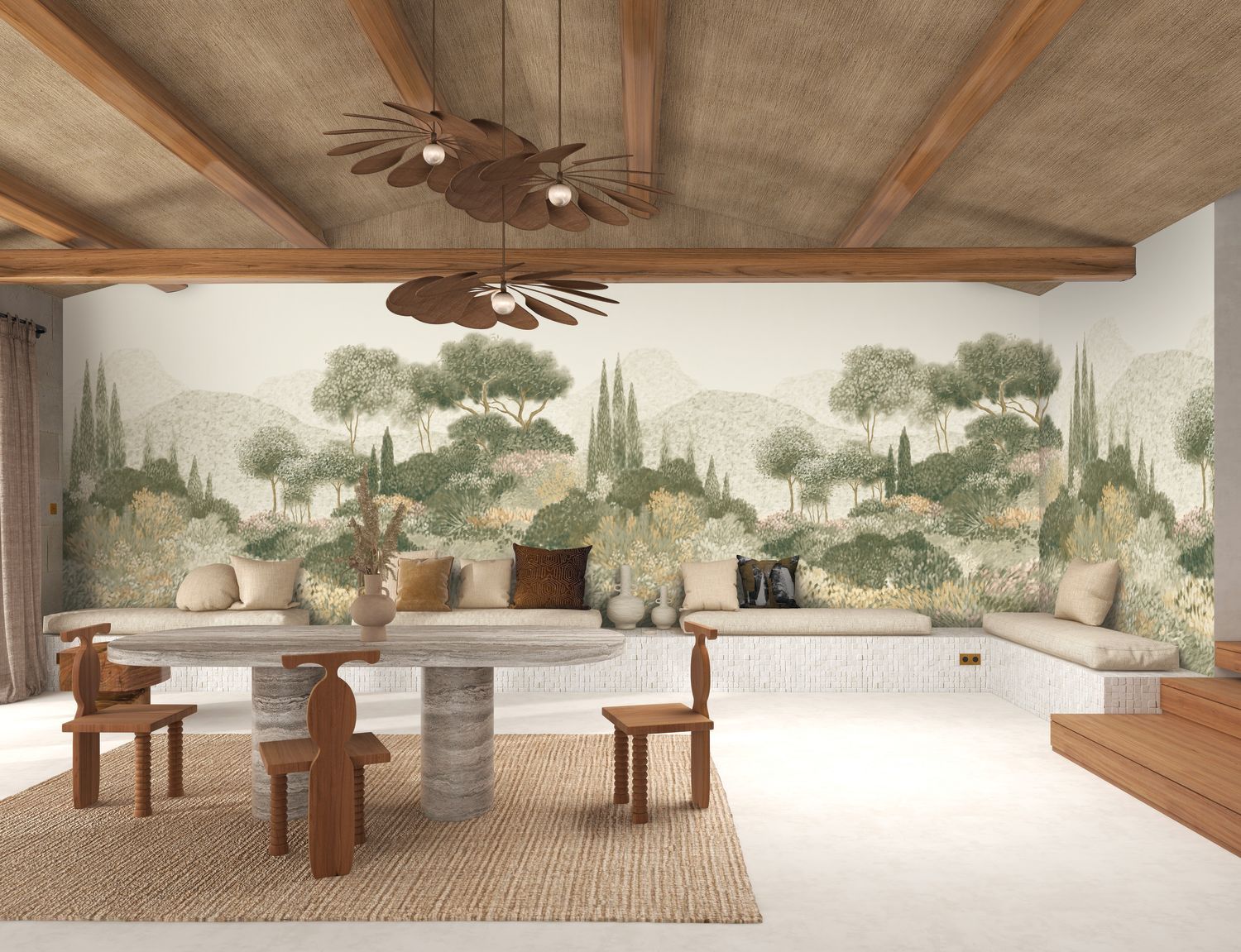 Wandbild mit Baum- und Berglandschaft MAQUIS CORSE beige