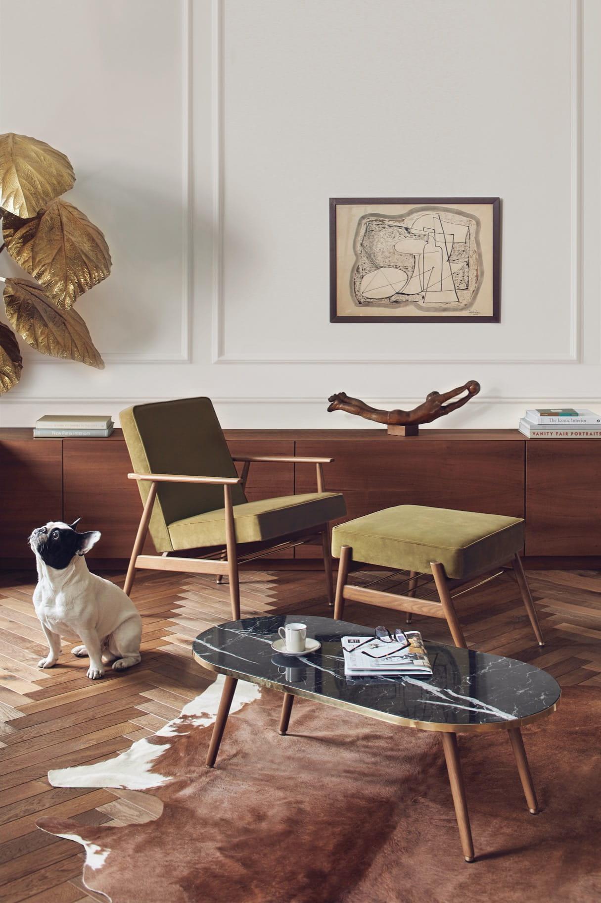 Podnóżek FOX żółty w tkaninie Shine Velvet Mustard 366 concept Eye on Design