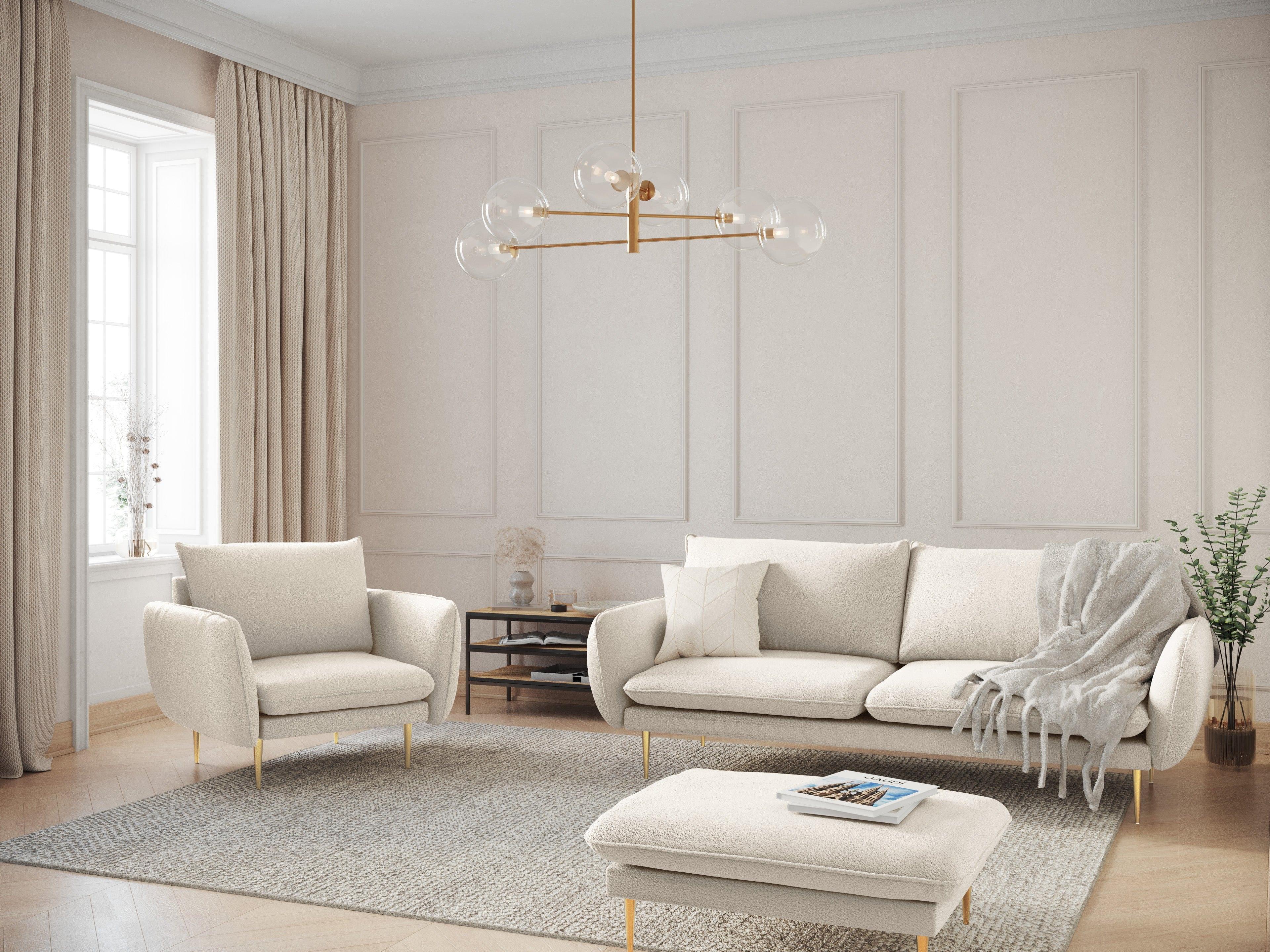 Puf w tkaninie boucle VIENNA beżowy ze złotą podstawą Cosmopolitan Design Eye on Design