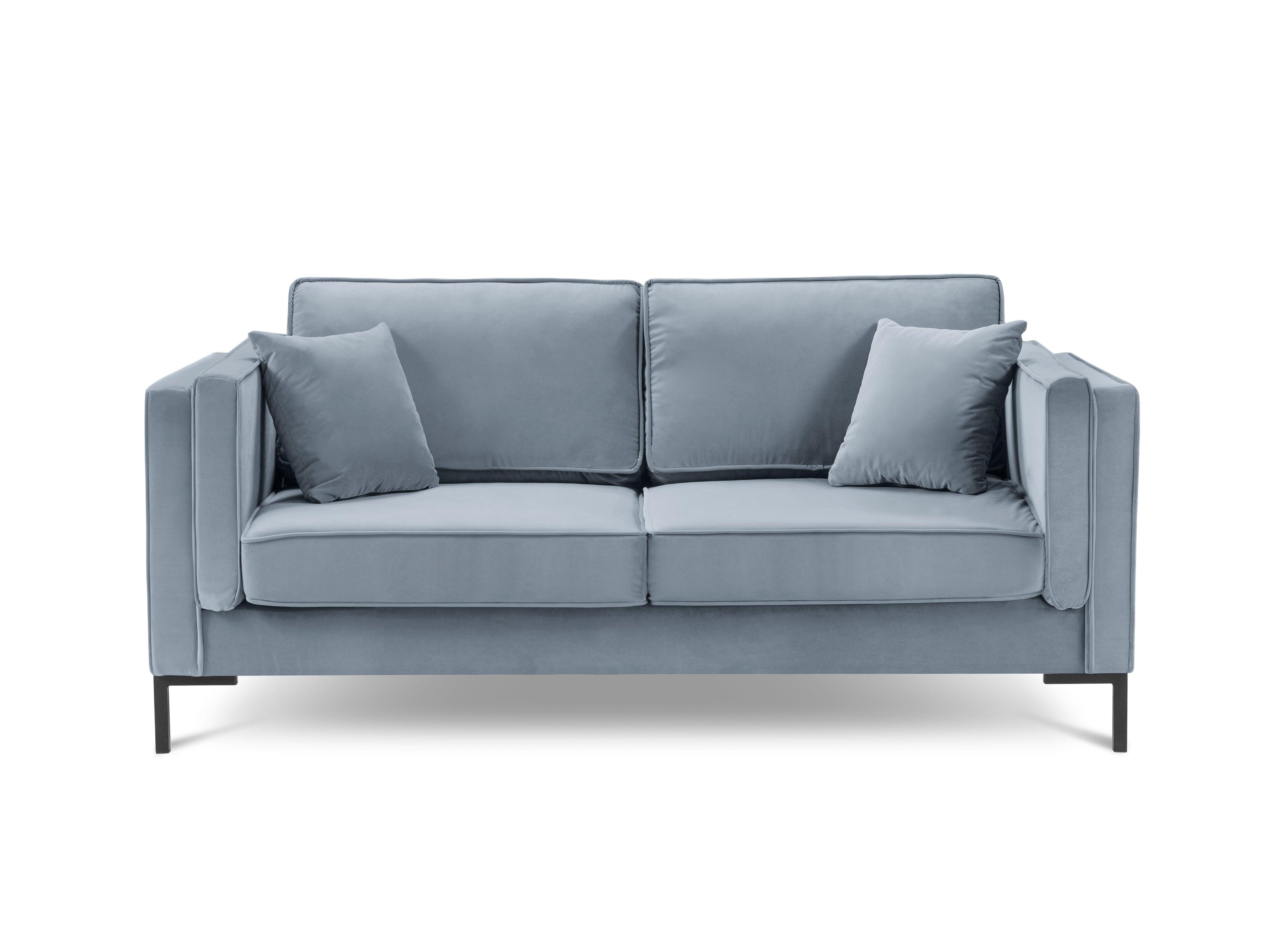 Sofa aksamitna 2-osobowa LUIS jasnoniebieski z czarną podstawą – styl minimalistyczny