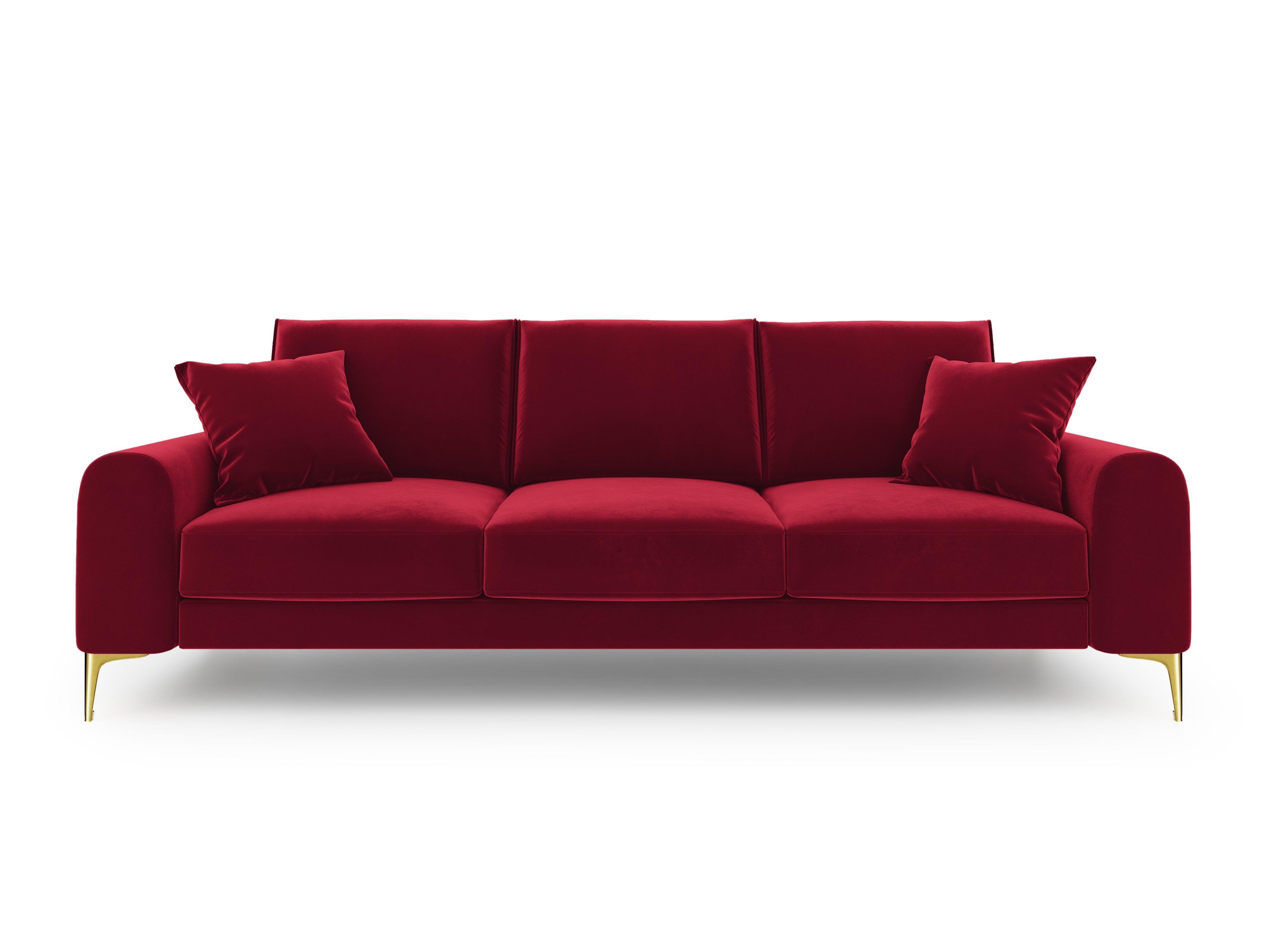 Sofa aksamitna 3-osobowa MADARA czerwony ze złotą podstawą Mazzini Sofas Eye on Design