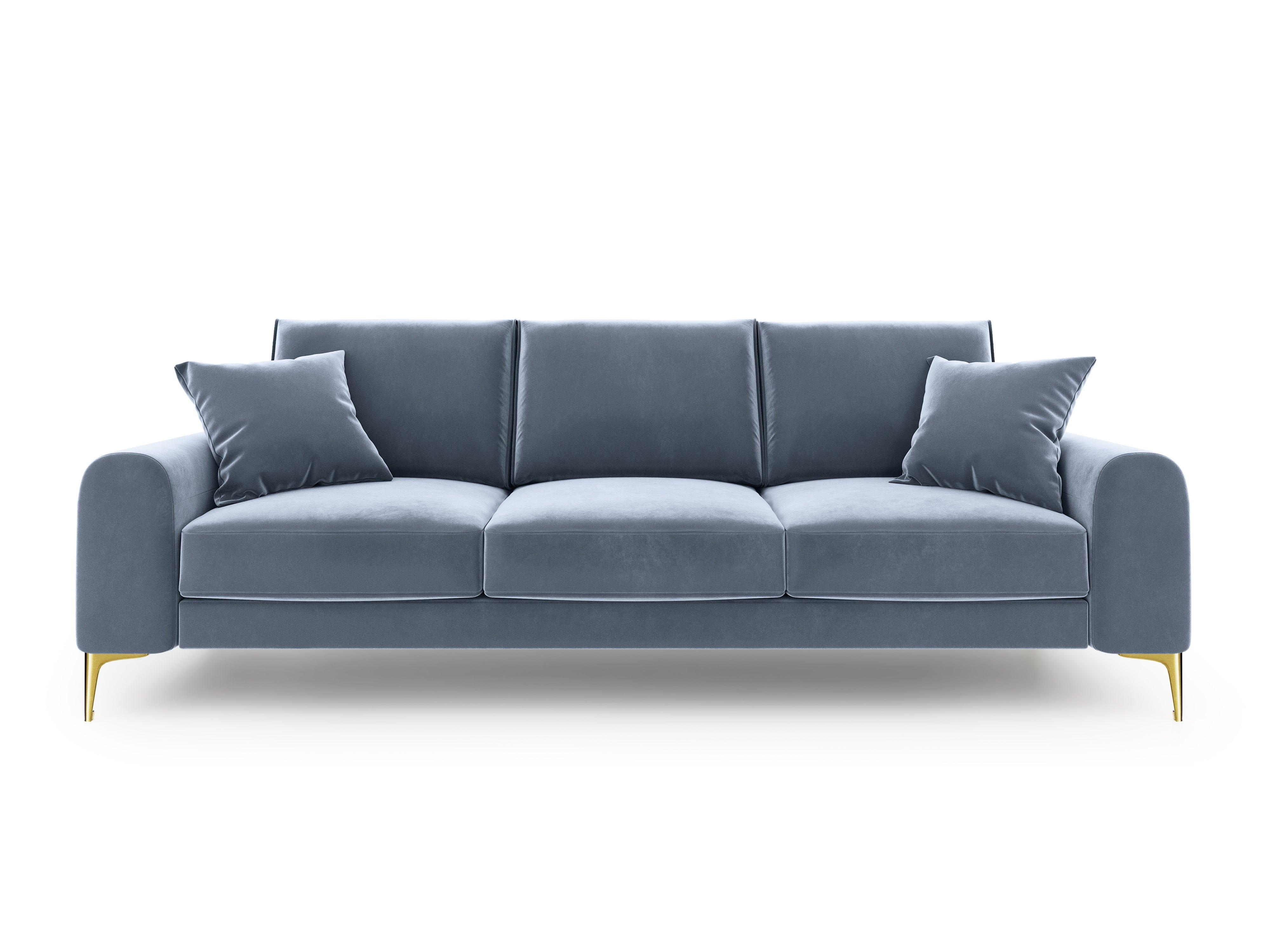 Sofa aksamitna 3-osobowa MADARA jasnoniebieski ze złotą podstawą Mazzini Sofas Eye on Design