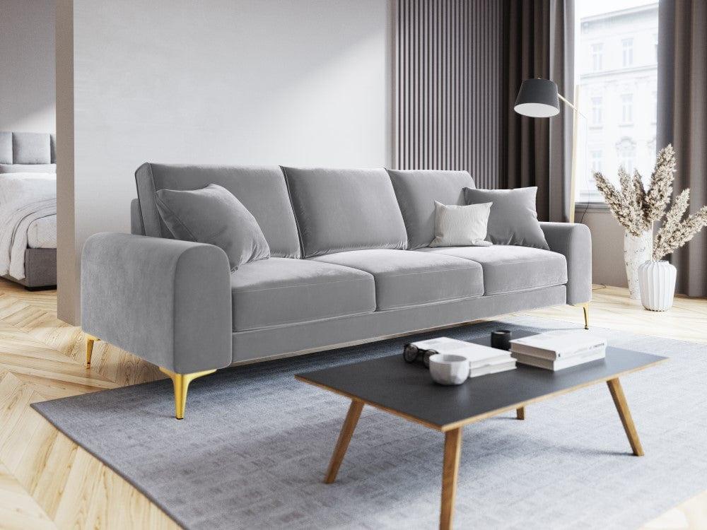 Sofa aksamitna 3-osobowa MADARA srebrny ze złotą podstawą Mazzini Sofas Eye on Design