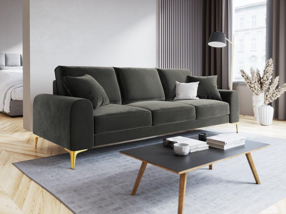 Sofa aksamitna 4-osobowa MADARA ciemnoszary ze złotą podstawą Mazzini Sofas Eye on Design