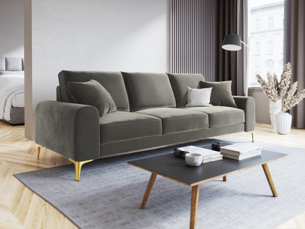 Sofa aksamitna 4-osobowa MADARA szary ze złotą podstawą Mazzini Sofas Eye on Design