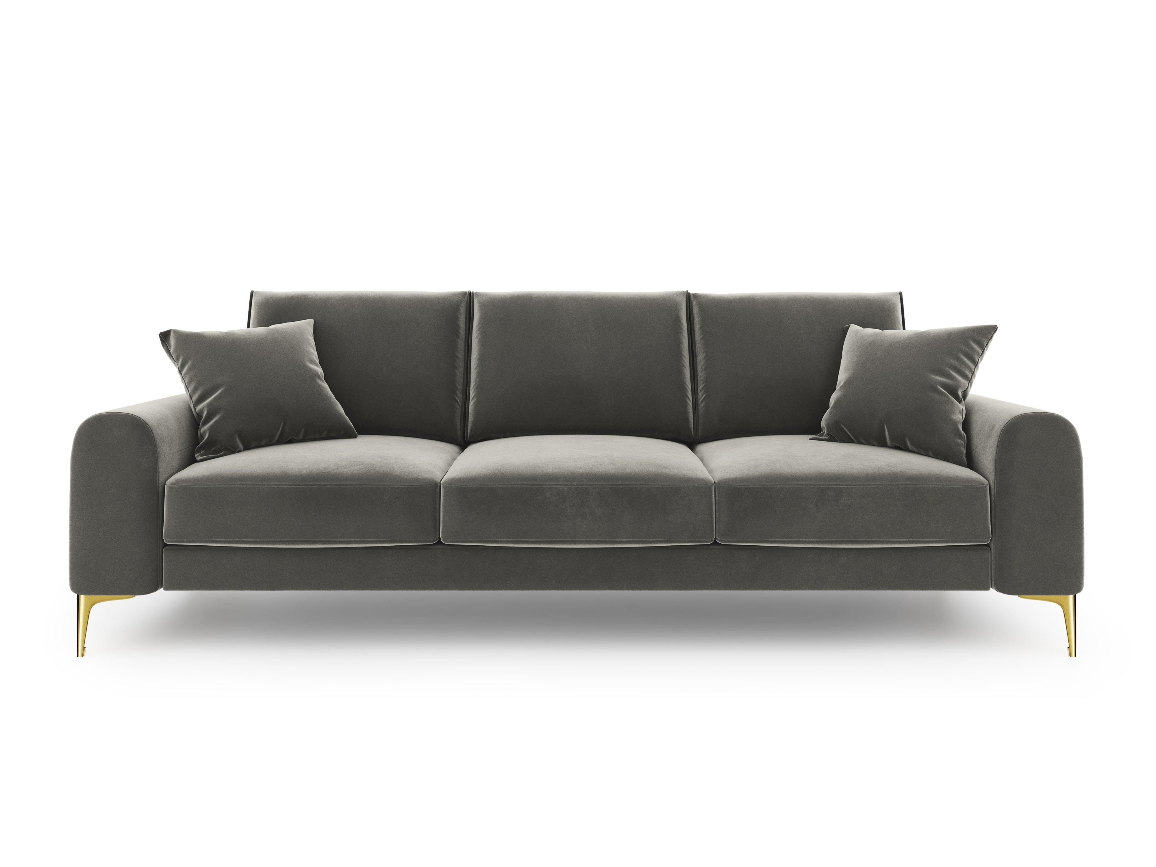 Sofa aksamitna 4-osobowa MADARA szary ze złotą podstawą Mazzini Sofas Eye on Design