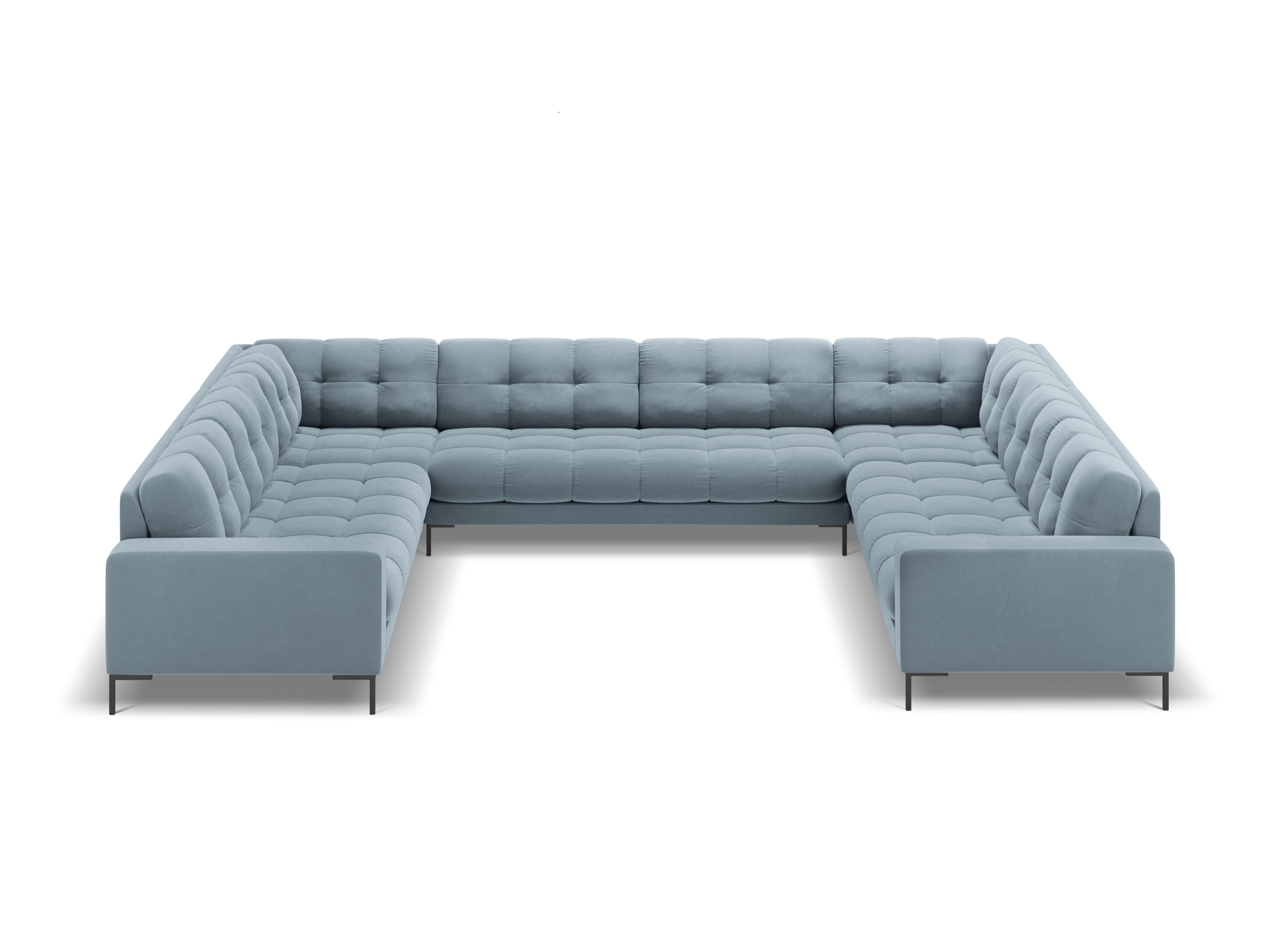 Sofa aksamitna panoramiczna 9-osobowa BALI jasnoniebieski z czarną podstawą – Cosmopolitan Design