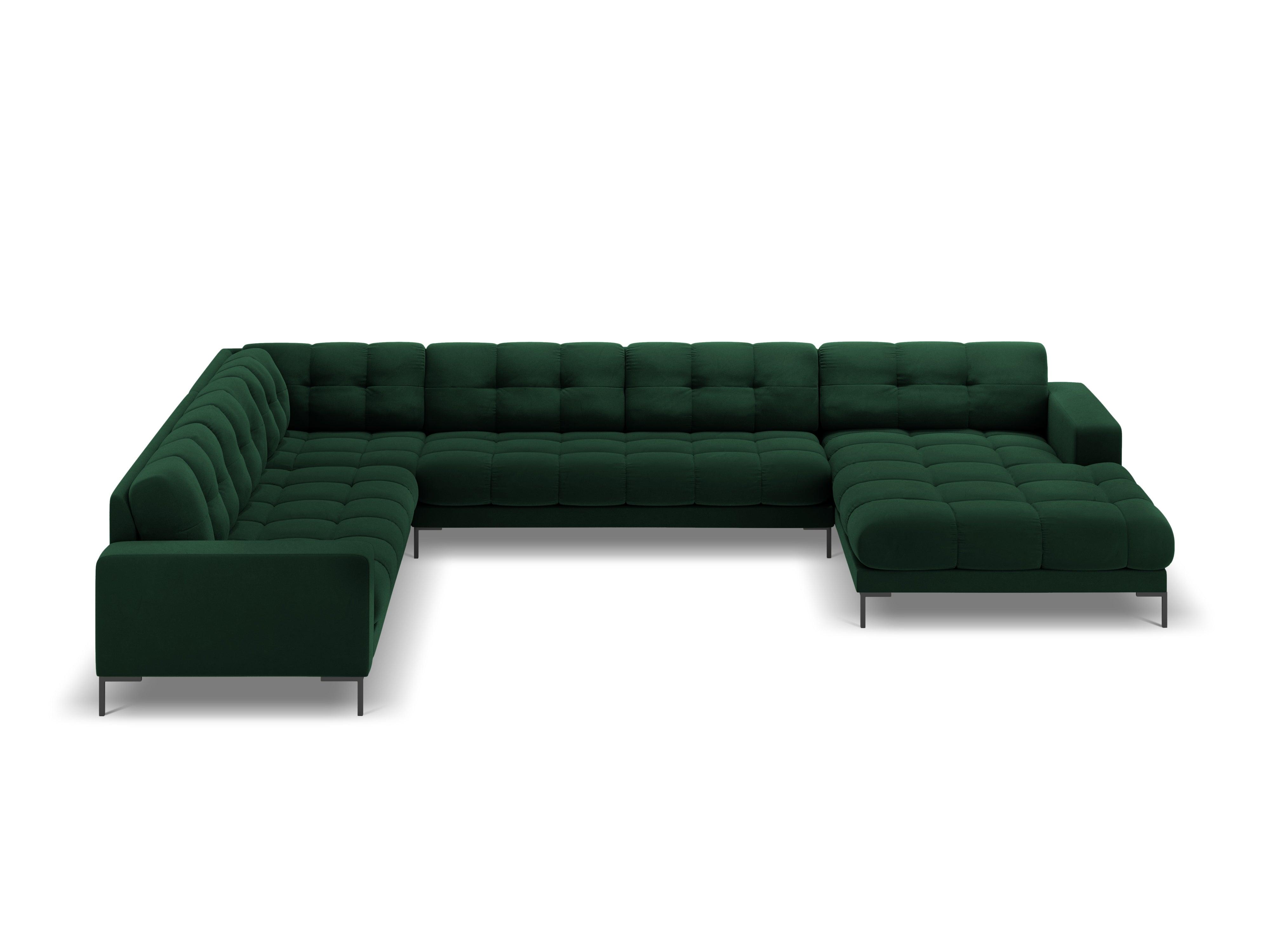 Sofa aksamitna panoramiczna lewostronna 7-osobowa BALI butelkowa zieleń z czarną podstawą Cosmopolitan Design Eye on Design