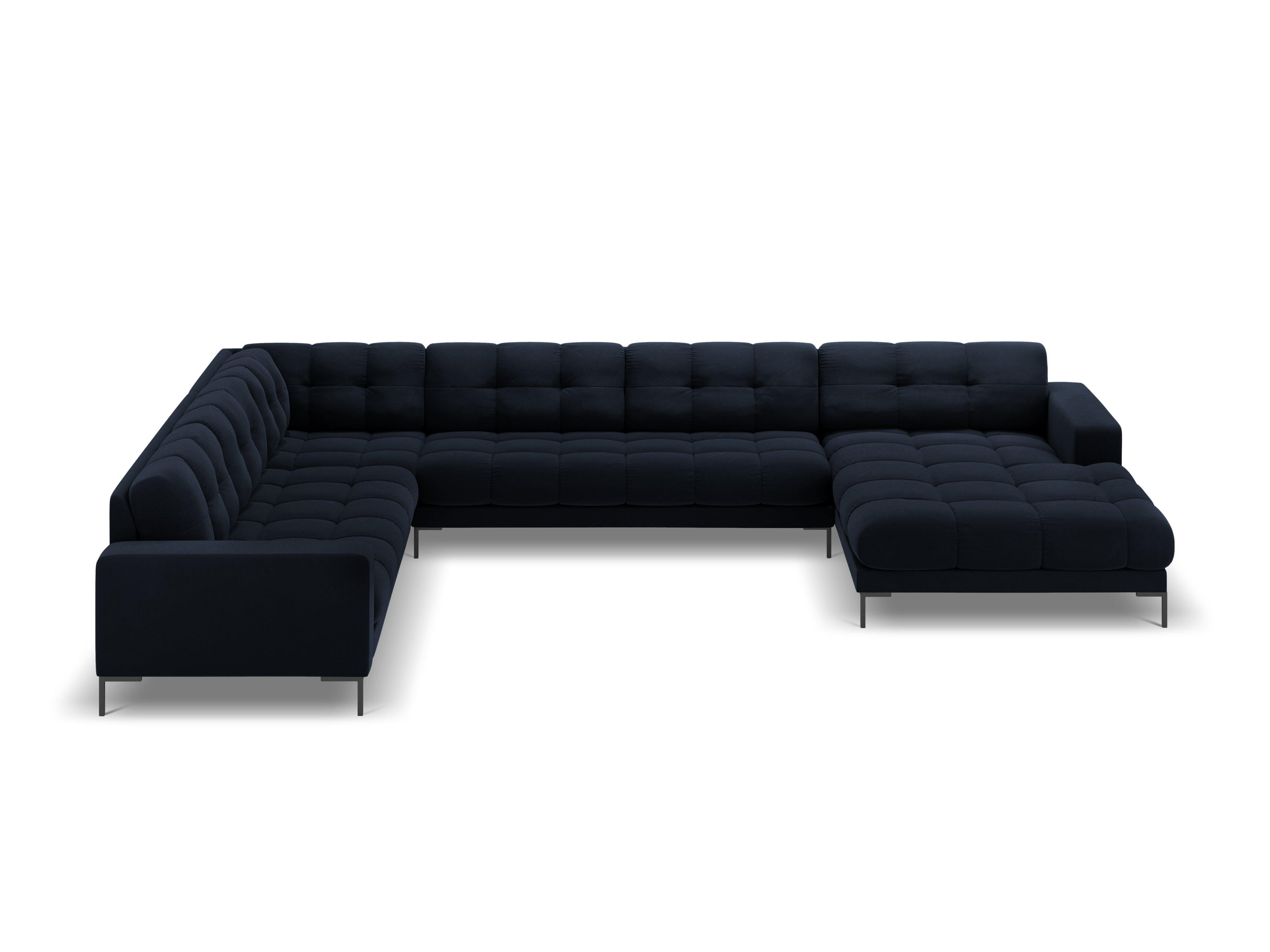 Sofa aksamitna panoramiczna lewostronna 7-osobowa BALI ciemnoniebieski z czarną podstawą – Cosmopolitan Design
