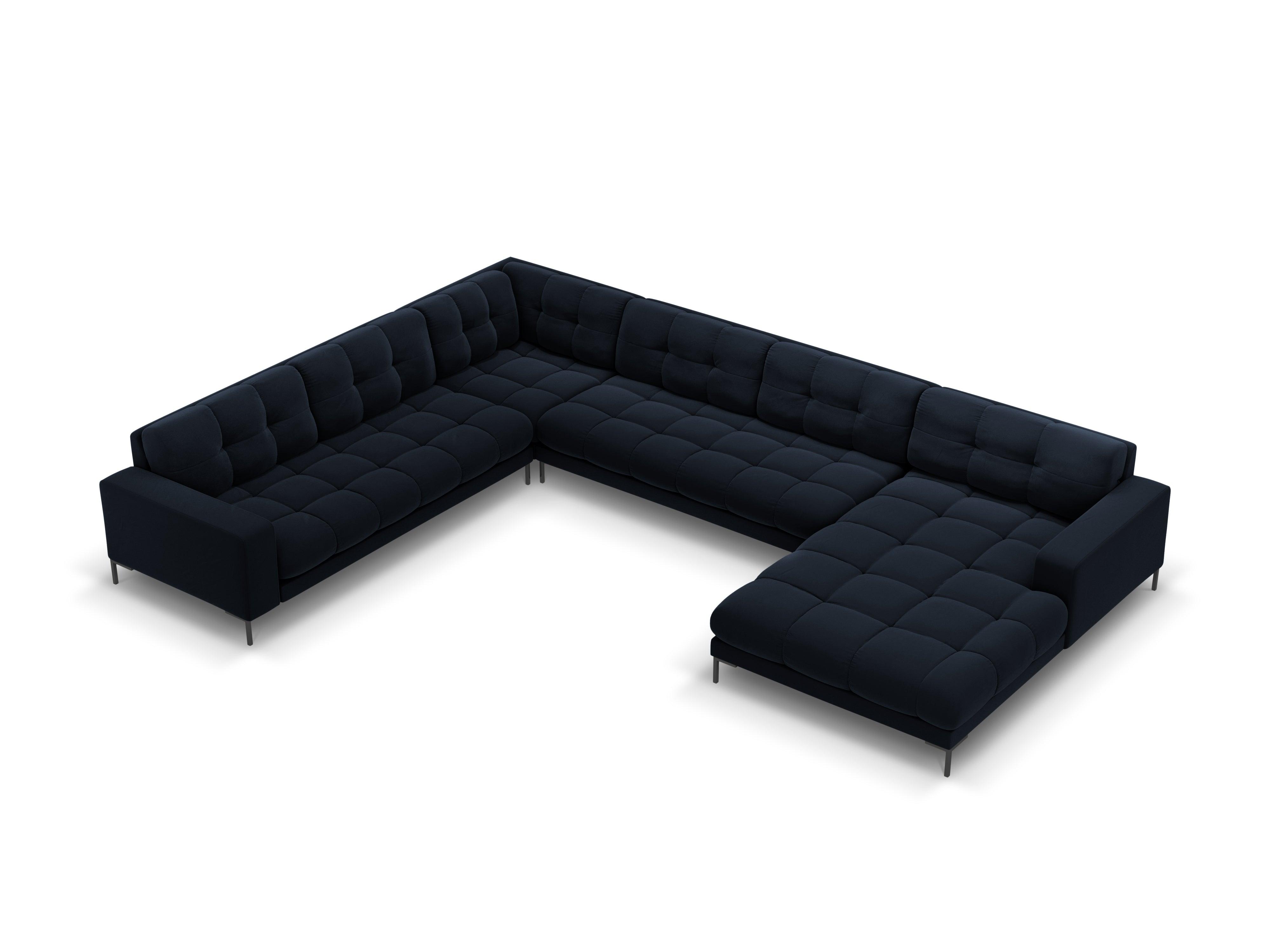Sofa aksamitna panoramiczna lewostronna 7-osobowa BALI ciemnoniebieski z czarną podstawą – Cosmopolitan Design