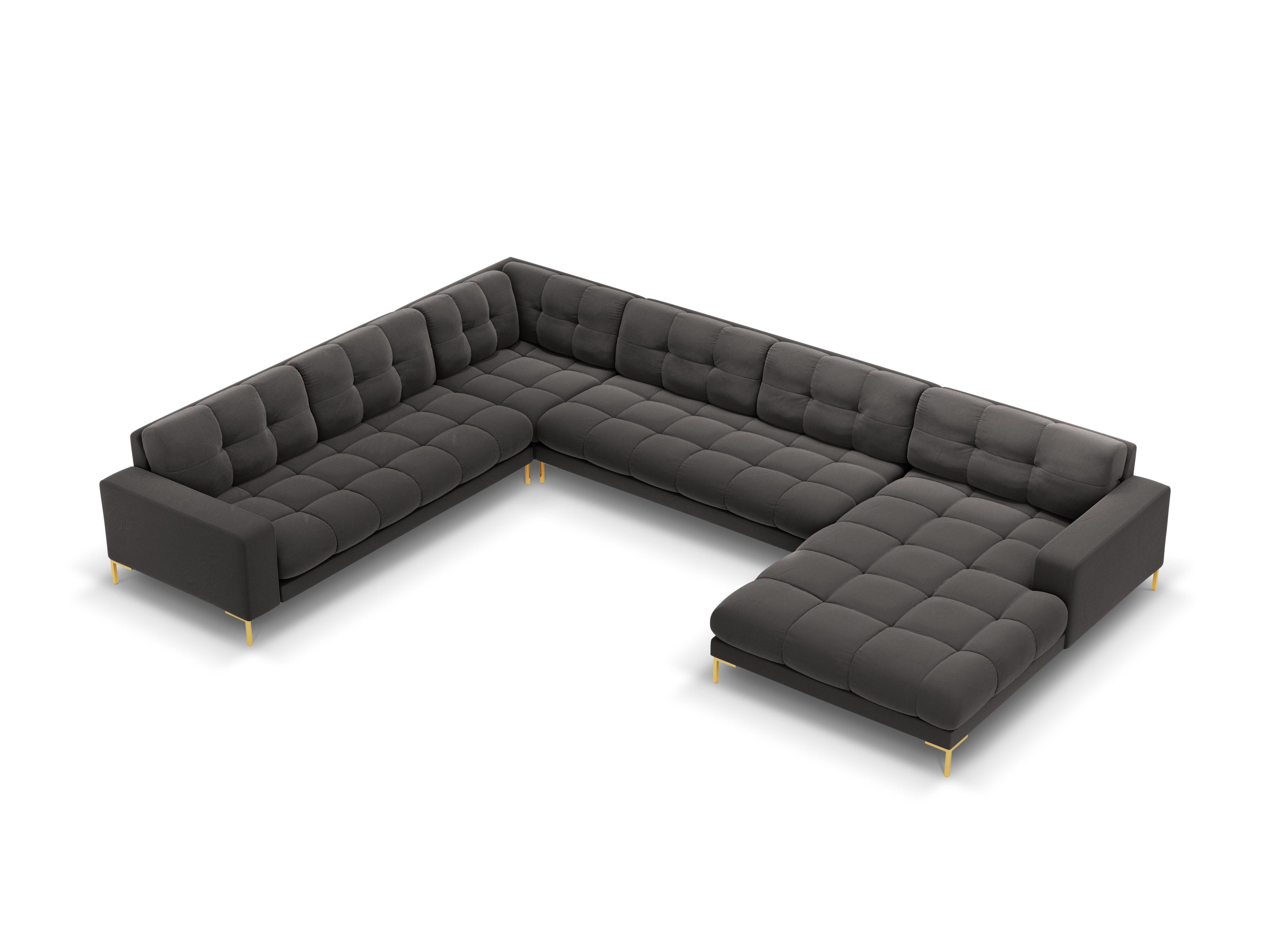 Sofa aksamitna panoramiczna lewostronna 7-osobowa BALI ciemnoszary ze złotą podstawą Cosmopolitan Design Eye on Design