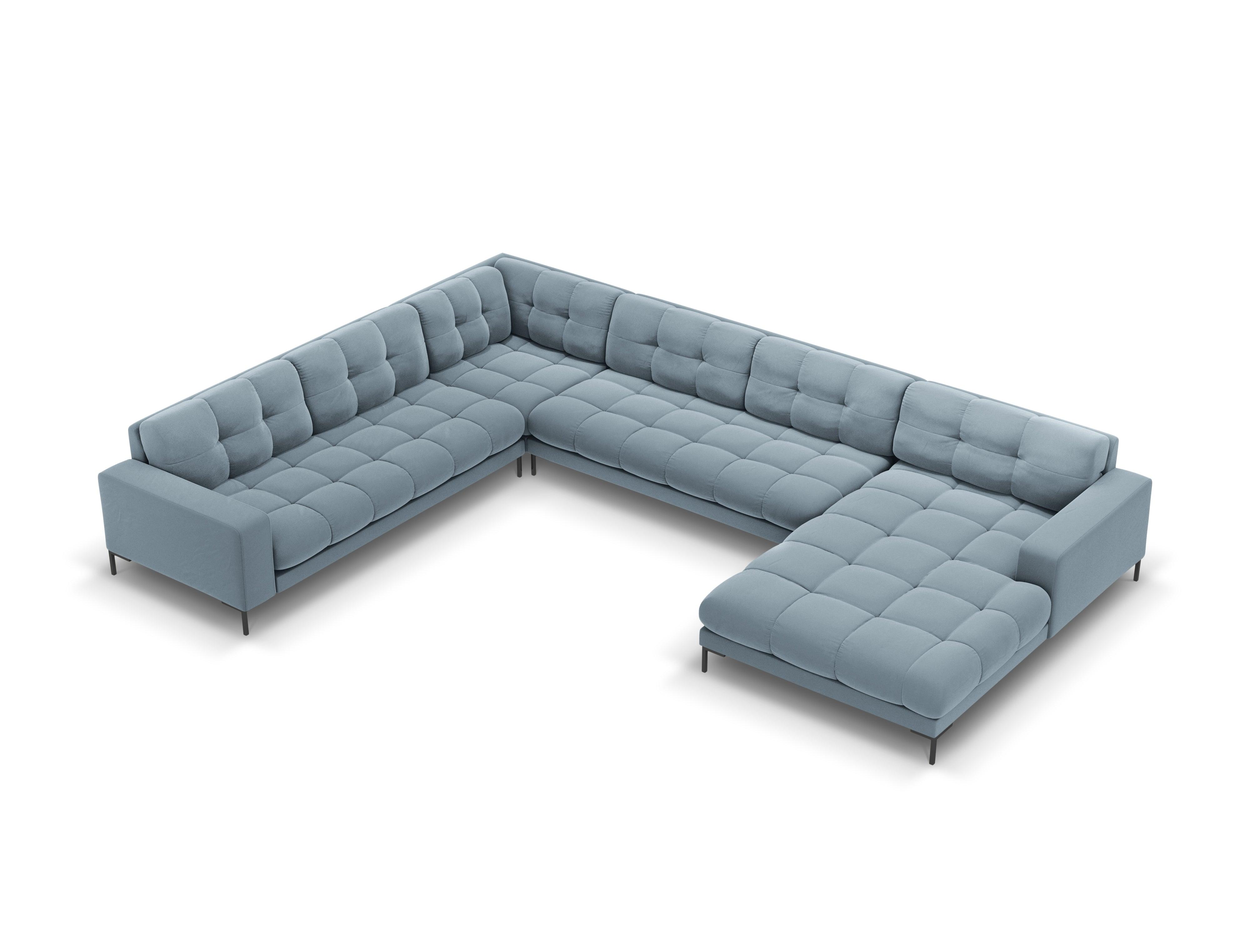 Sofa aksamitna panoramiczna lewostronna 7-osobowa BALI jasnoniebieski z czarną podstawą Cosmopolitan Design Eye on Design