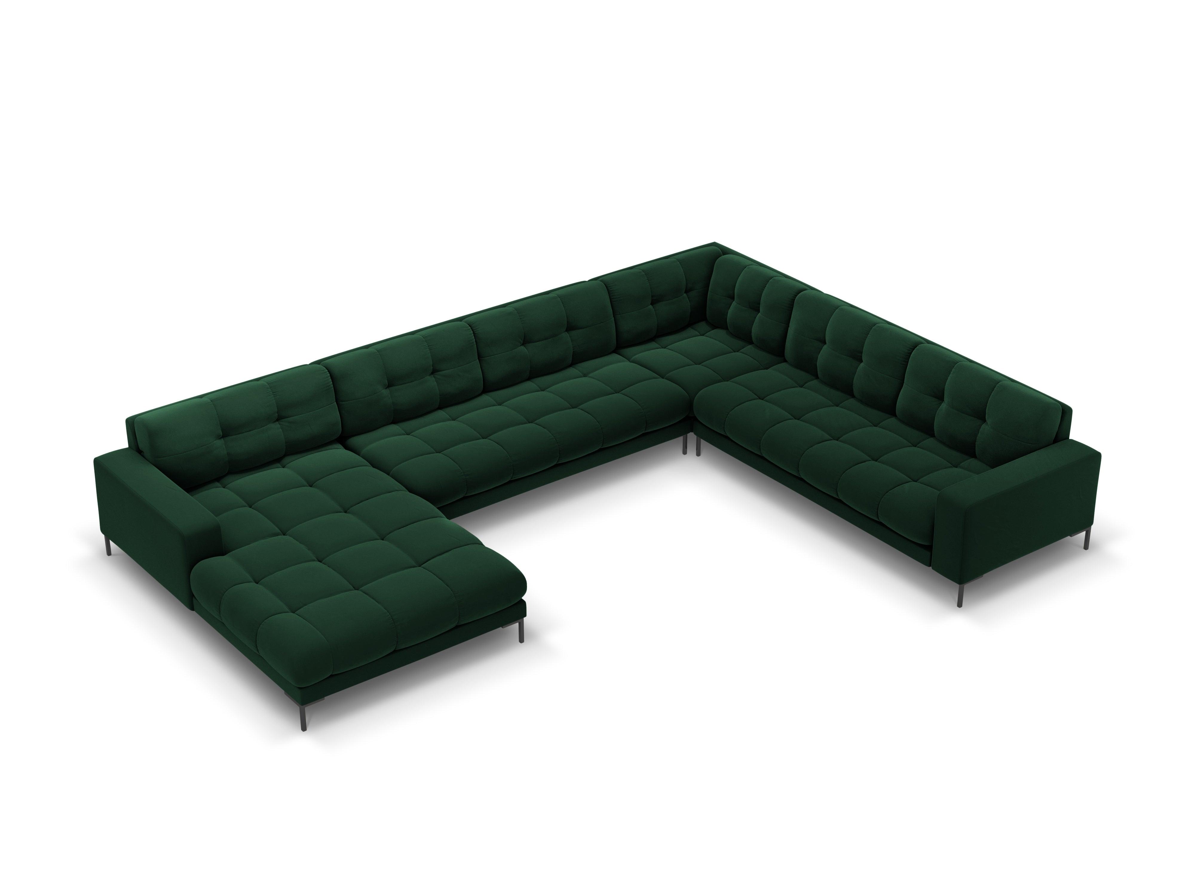 Sofa aksamitna panoramiczna prawostronna 7-osobowa BALI butelkowa zieleń z czarną podstawą Cosmopolitan Design Eye on Design