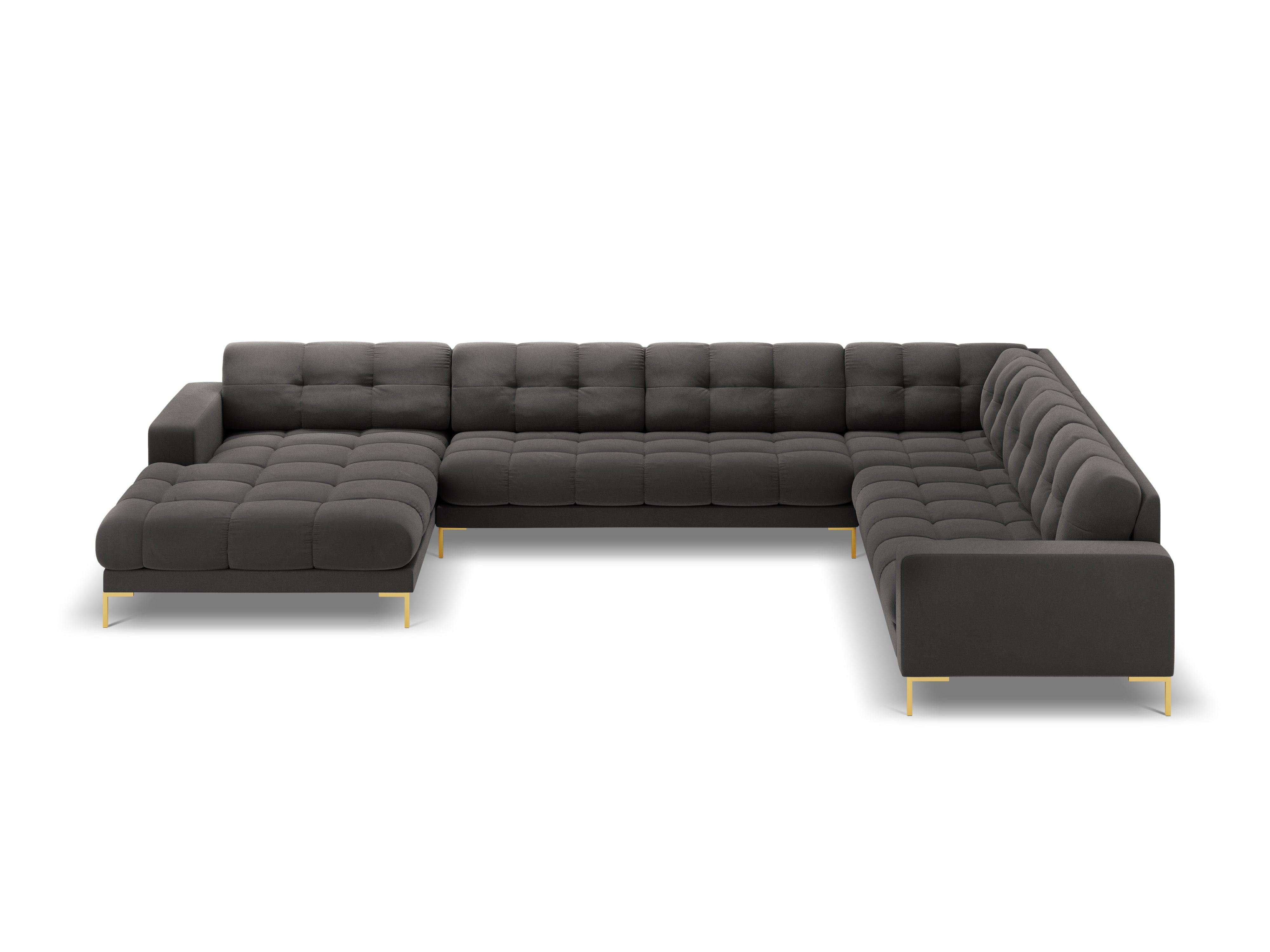 Sofa aksamitna panoramiczna prawostronna 7-osobowa BALI ciemnoszary ze złotą podstawą Cosmopolitan Design Eye on Design
