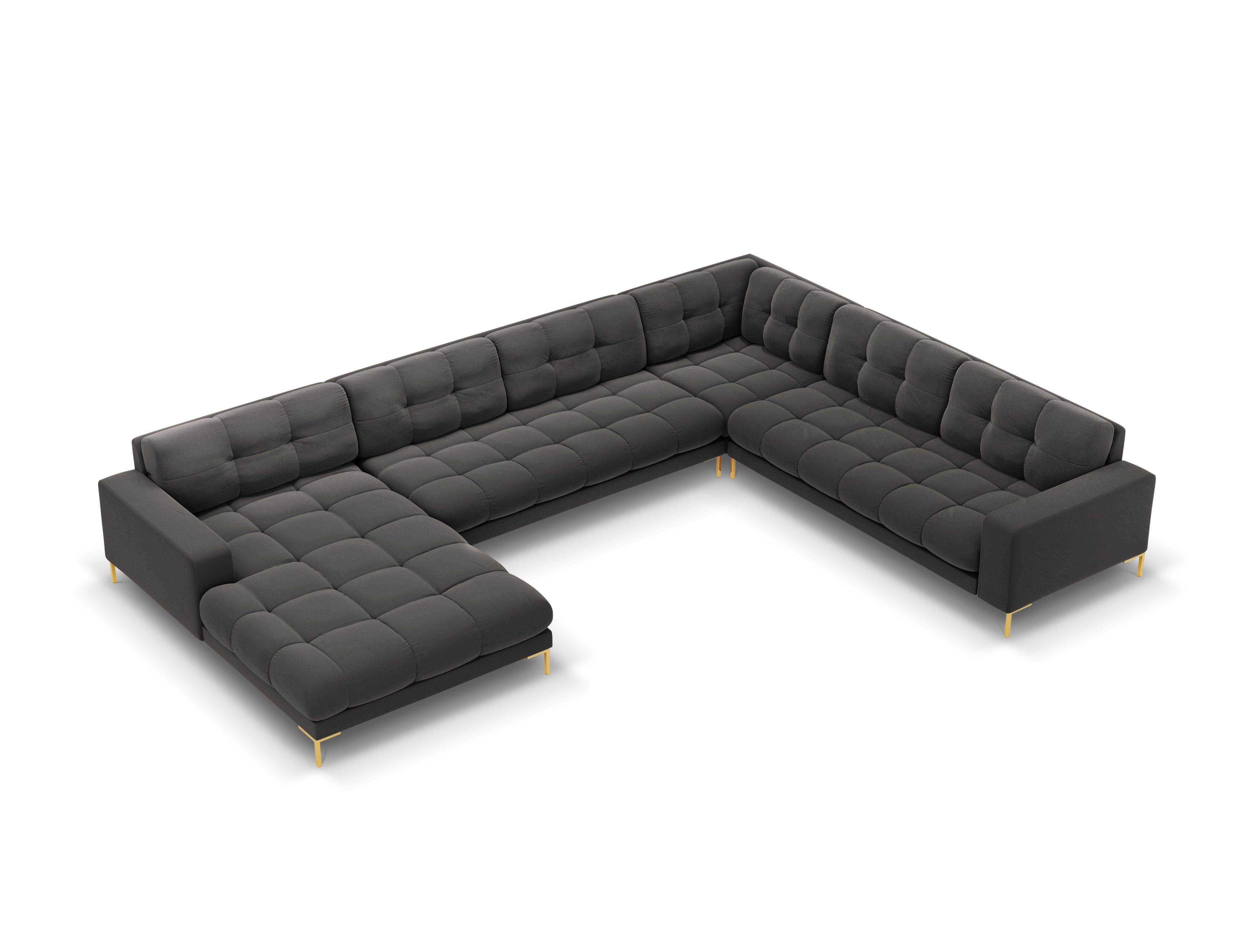Sofa aksamitna panoramiczna prawostronna 7-osobowa BALI ciemnoszary ze złotą podstawą Cosmopolitan Design Eye on Design