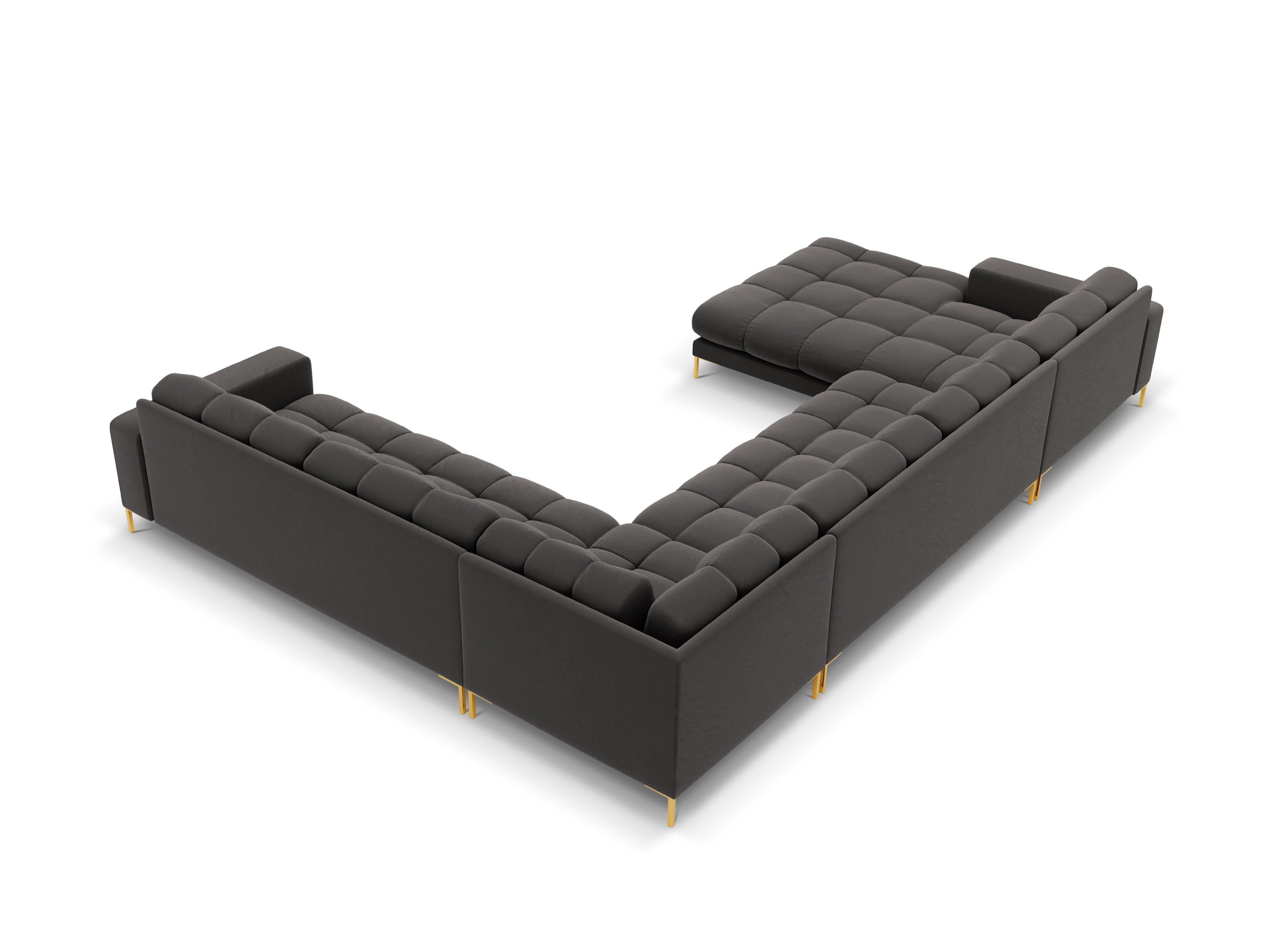 Sofa aksamitna panoramiczna prawostronna 7-osobowa BALI ciemnoszary ze złotą podstawą Cosmopolitan Design Eye on Design