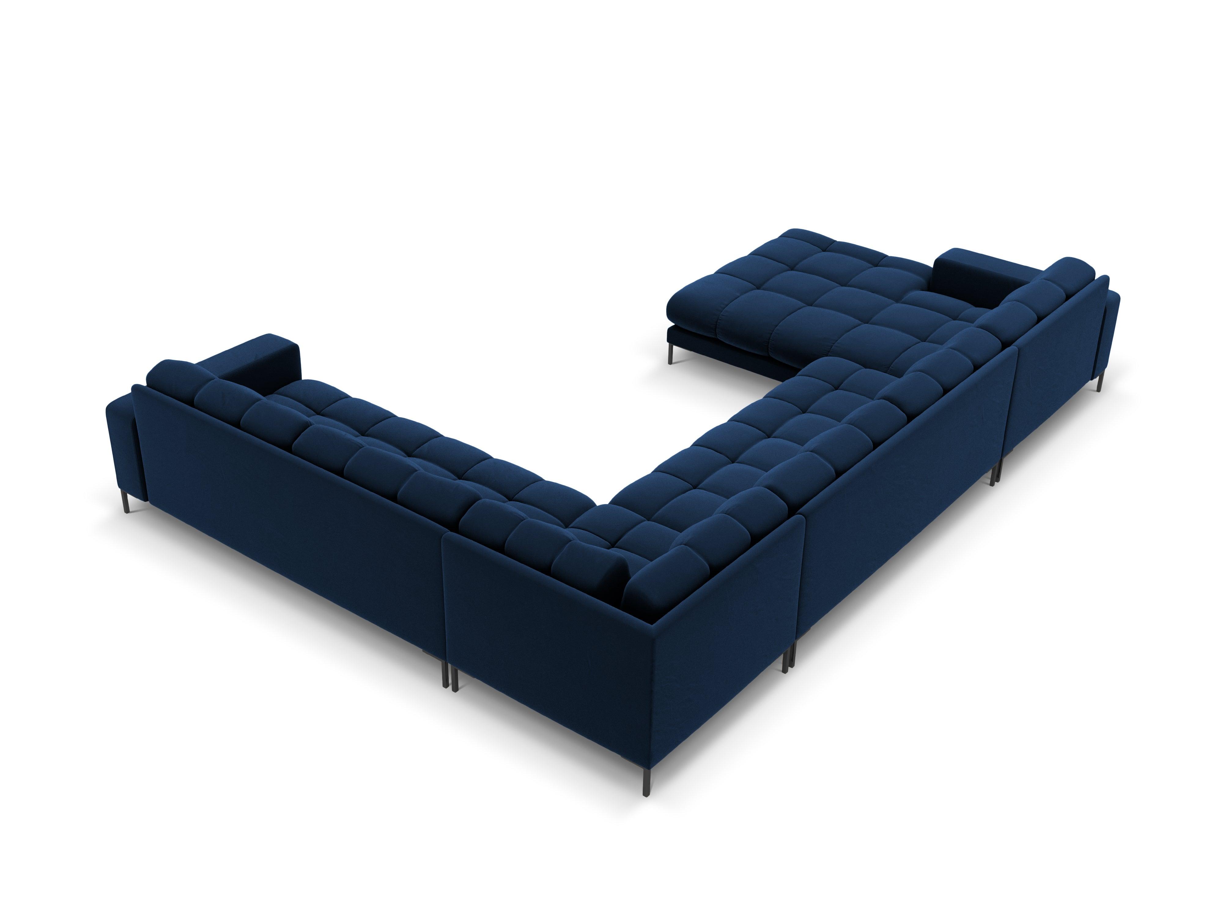 Sofa aksamitna panoramiczna prawostronna 7-osobowa BALI granat królewski z czarną podstawą Cosmopolitan Design Eye on Design