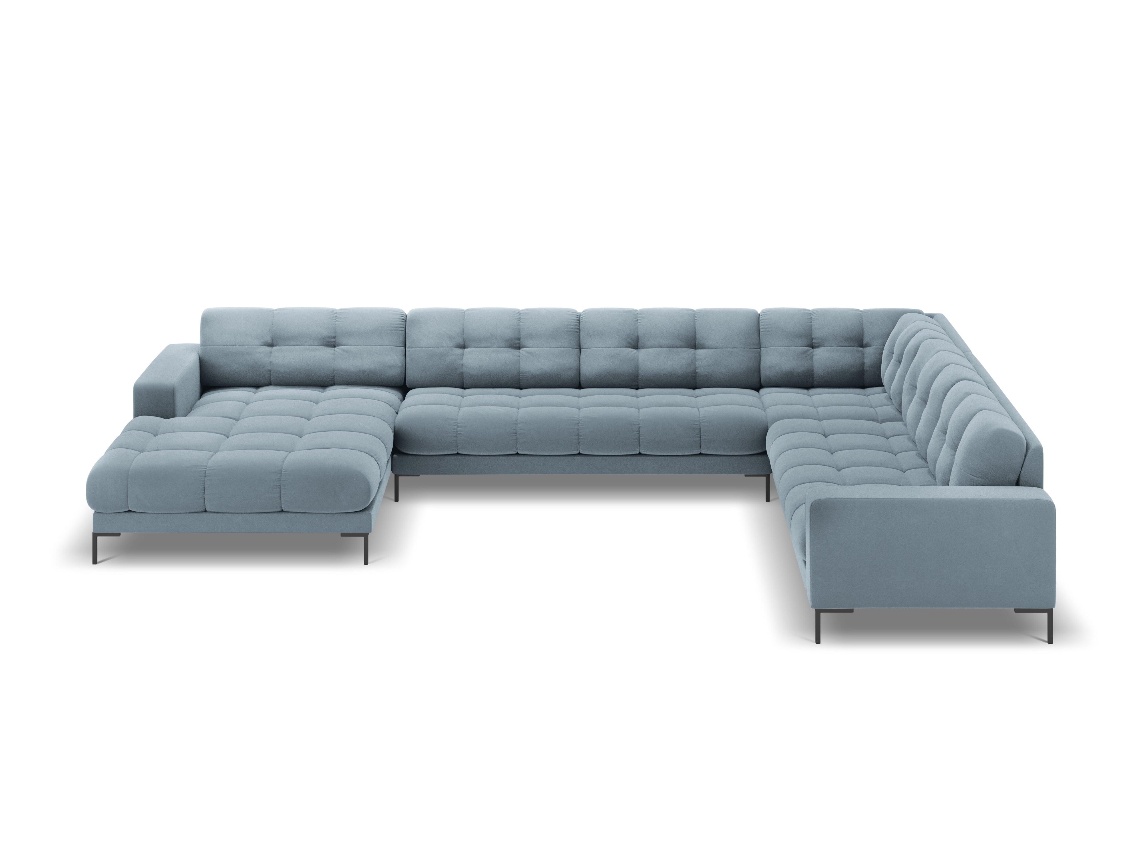 Sofa aksamitna panoramiczna prawostronna 7-osobowa BALI jasnoniebieski z czarną podstawą – Cosmopolitan Design
