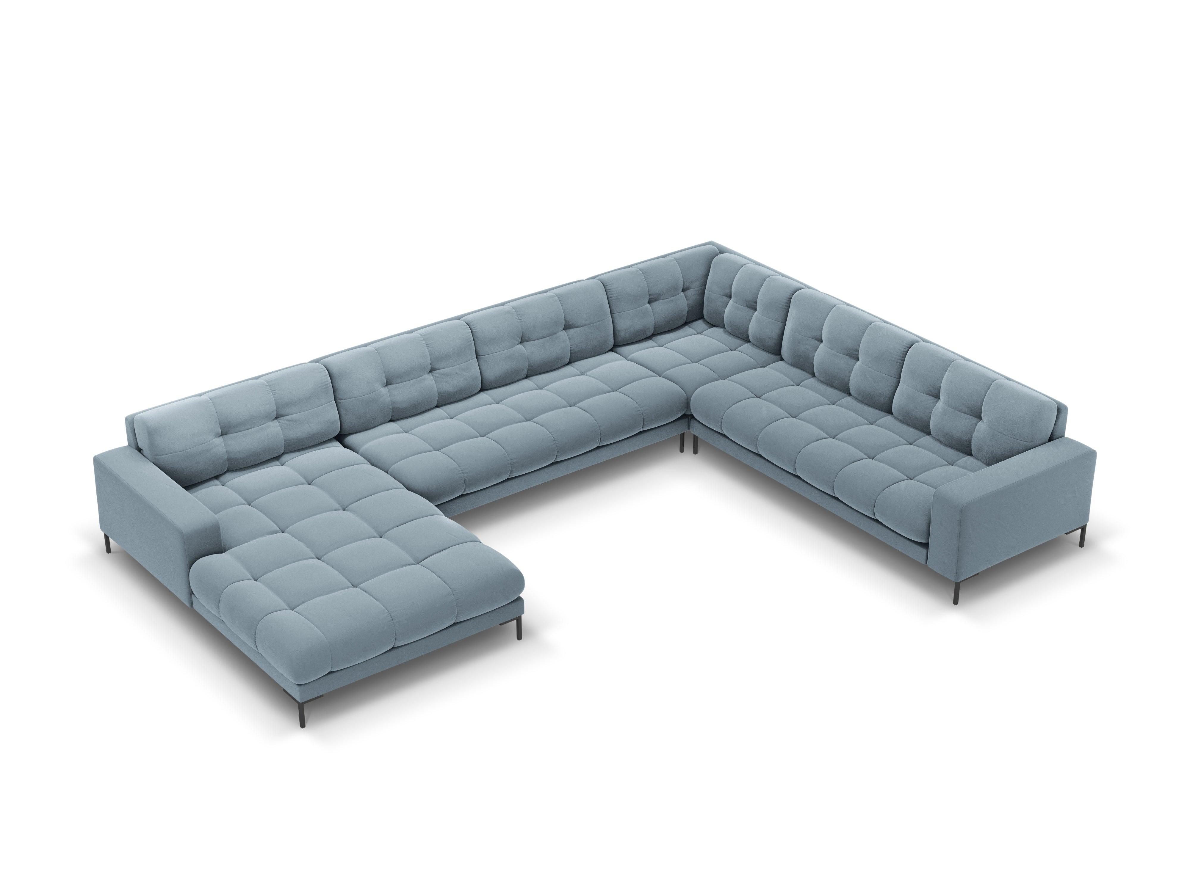 Sofa aksamitna panoramiczna prawostronna 7-osobowa BALI jasnoniebieski z czarną podstawą – Cosmopolitan Design