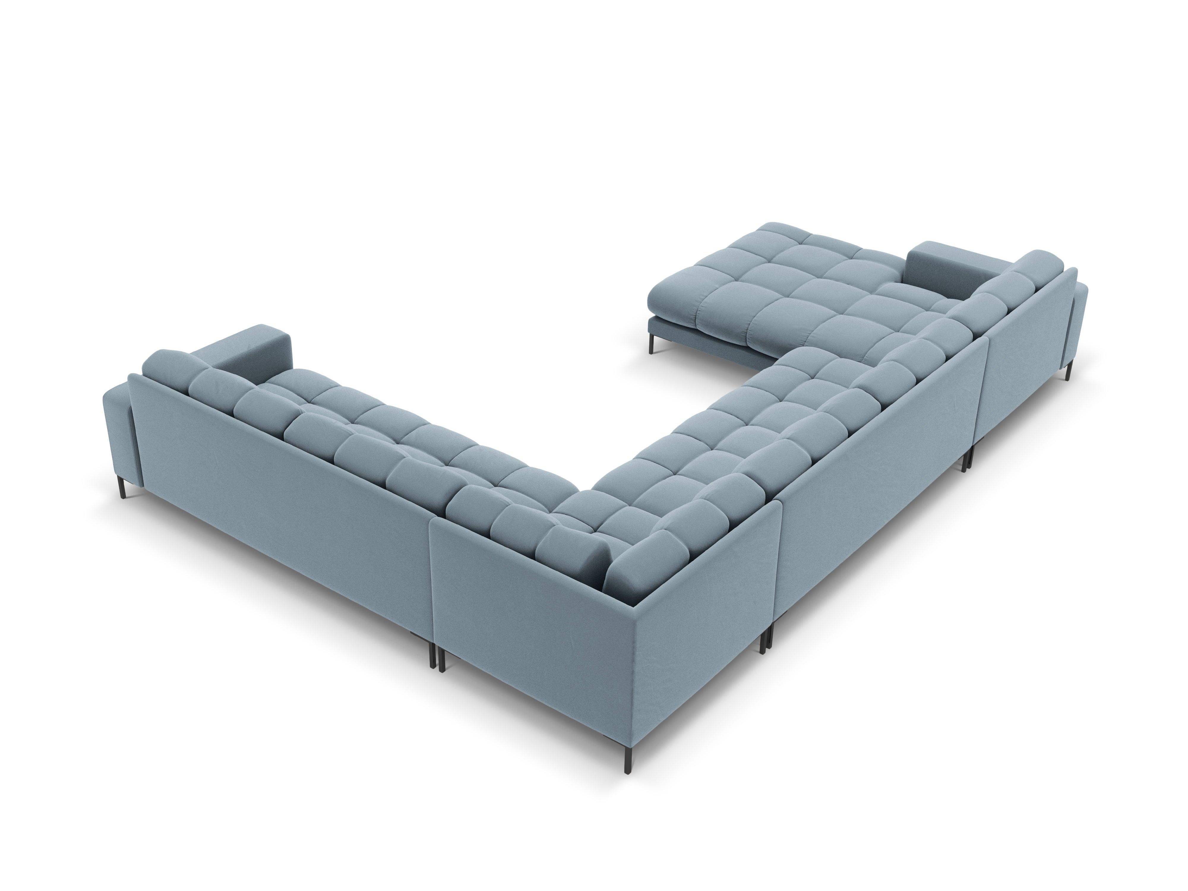 Sofa aksamitna panoramiczna prawostronna 7-osobowa BALI jasnoniebieski z czarną podstawą – Cosmopolitan Design