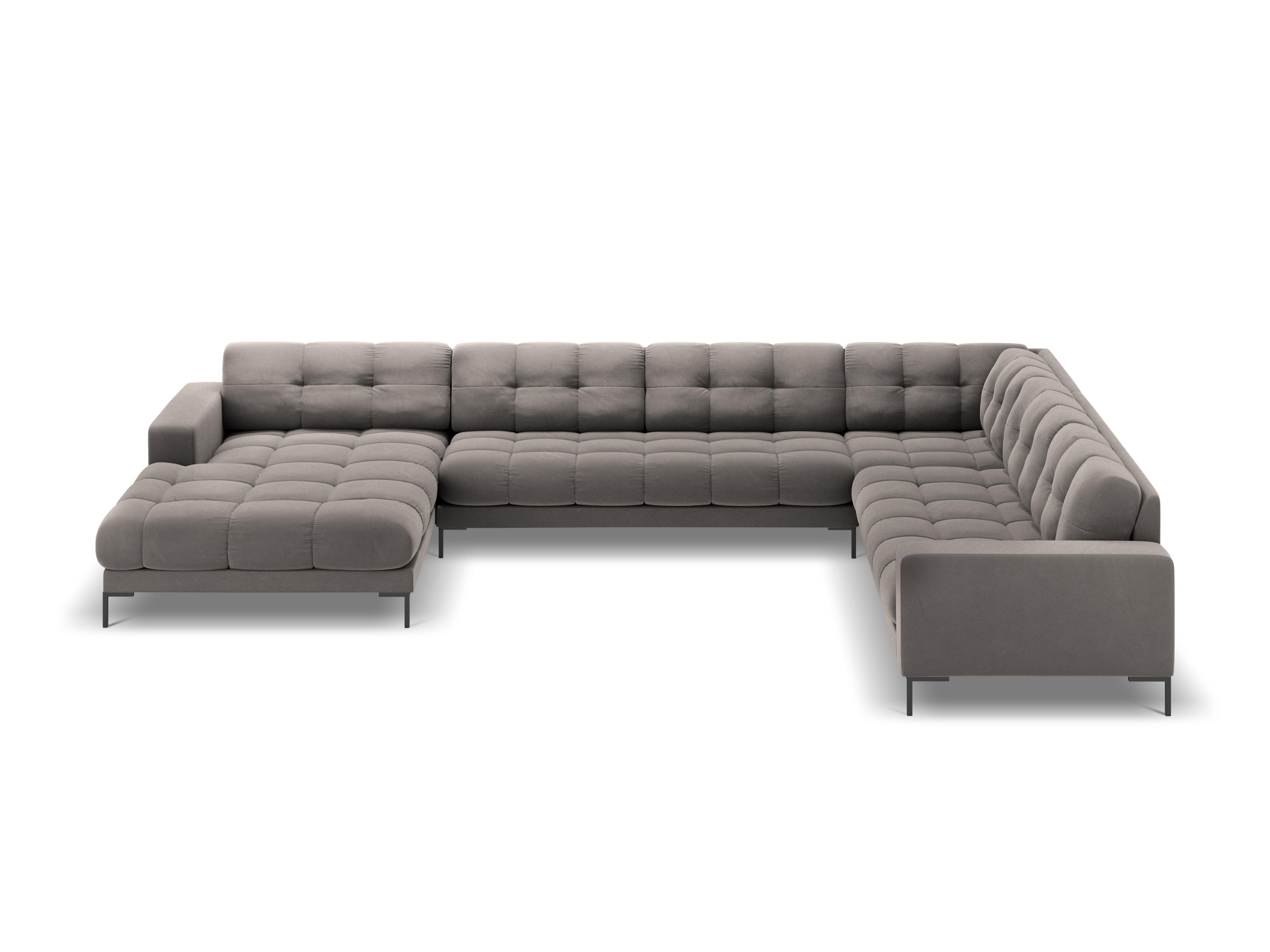 Sofa aksamitna panoramiczna prawostronna 7-osobowa BALI jasnoszary z czarną podstawą – Cosmopolitan Design