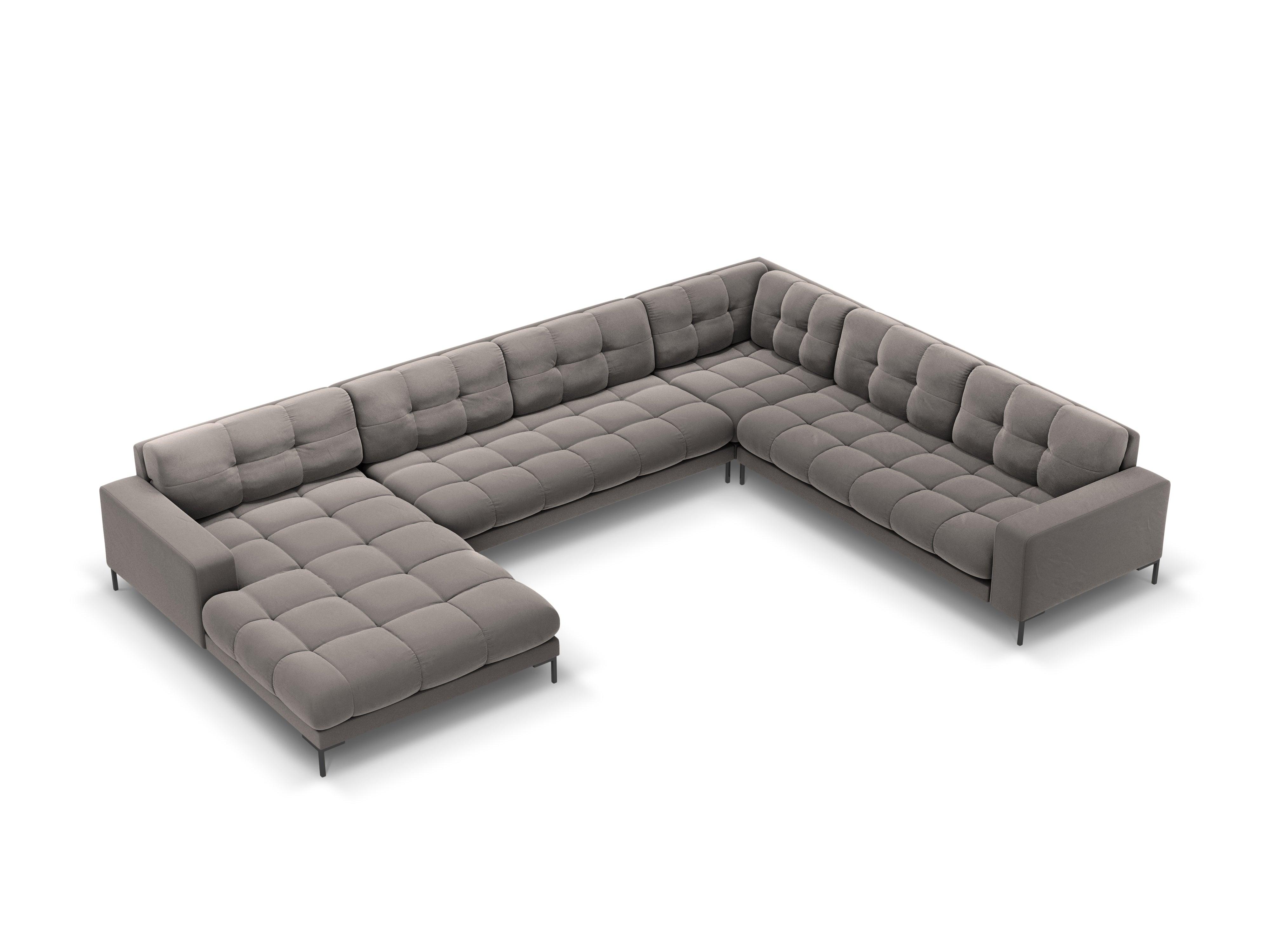 Sofa aksamitna panoramiczna prawostronna 7-osobowa BALI jasnoszary z czarną podstawą – Cosmopolitan Design