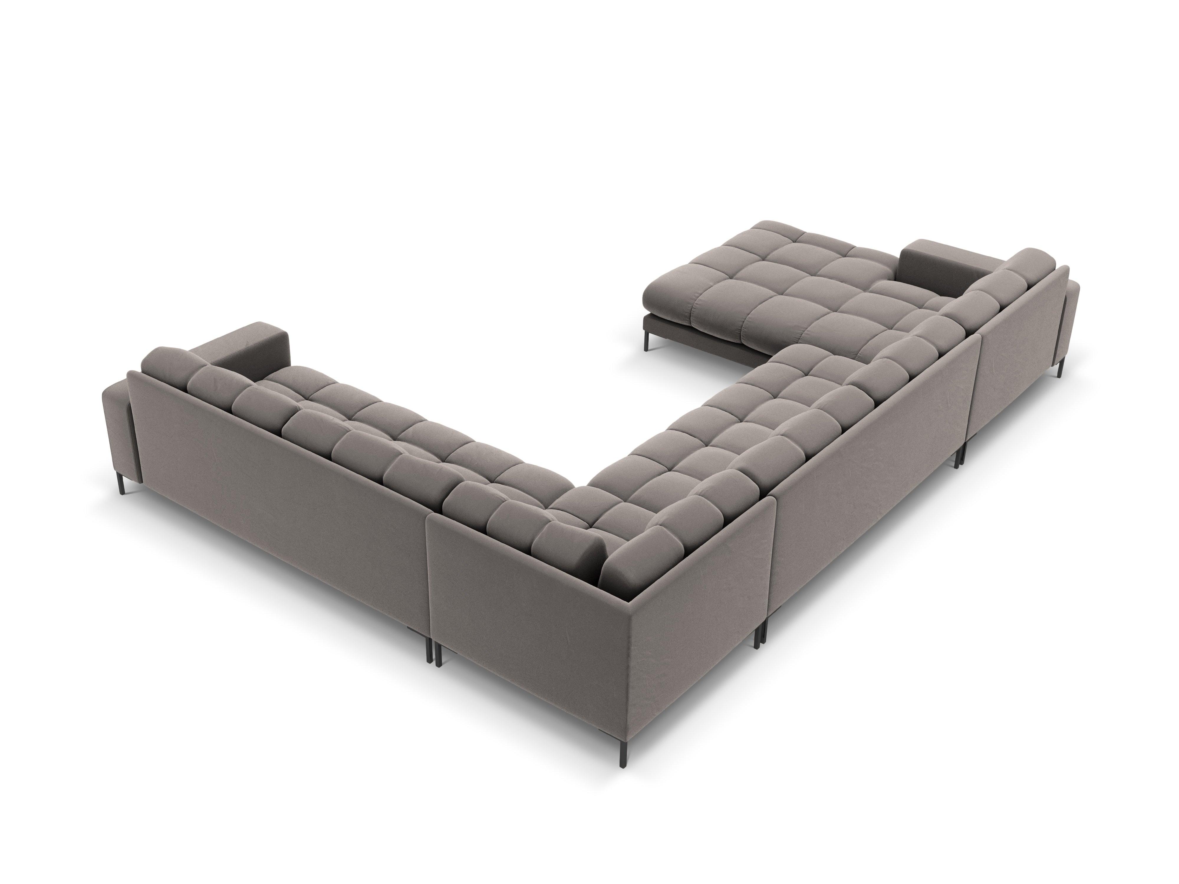 Sofa aksamitna panoramiczna prawostronna 7-osobowa BALI jasnoszary z czarną podstawą – Cosmopolitan Design