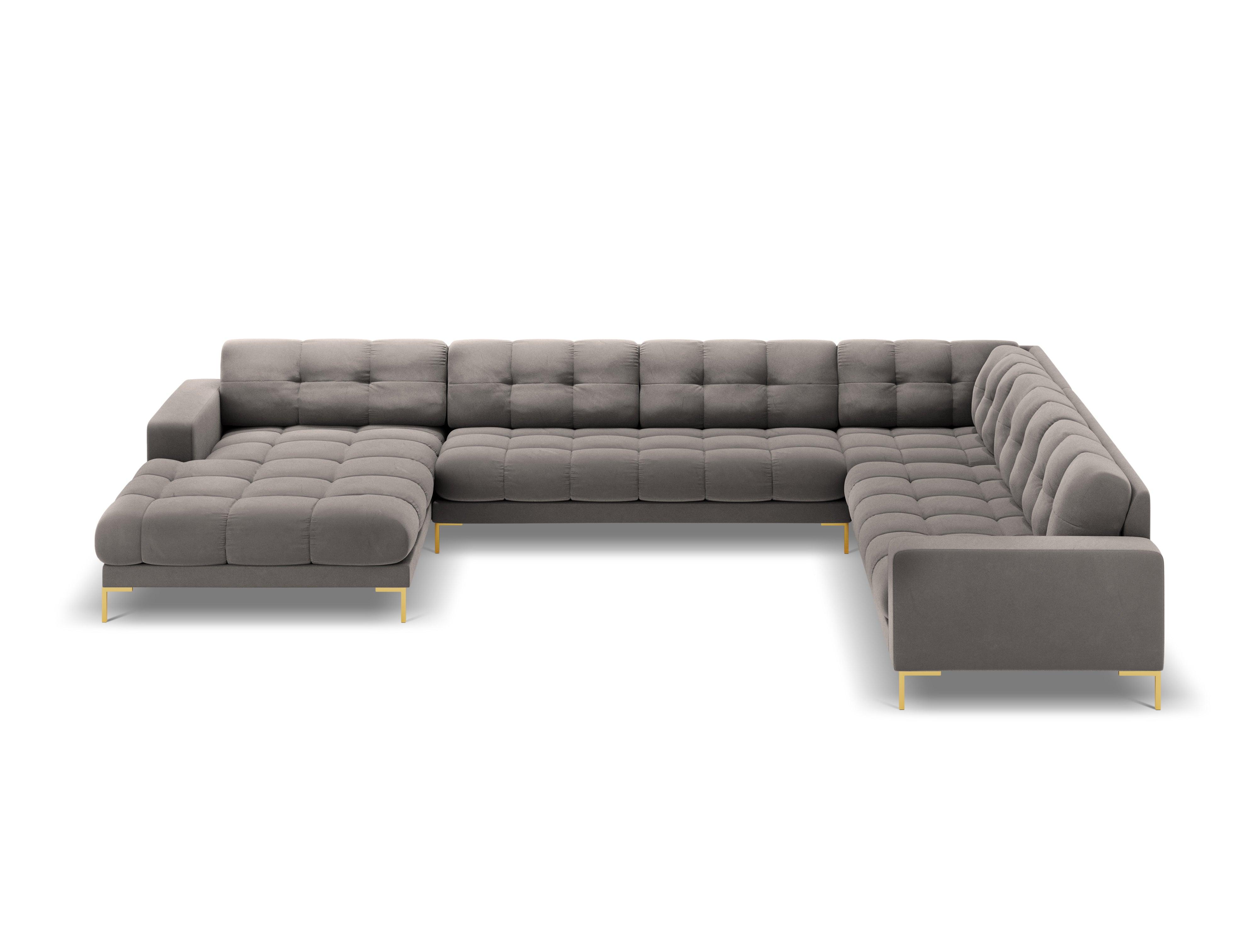 Sofa aksamitna panoramiczna prawostronna 7-osobowa BALI jasnoszary ze złotą podstawą Cosmopolitan Design Eye on Design