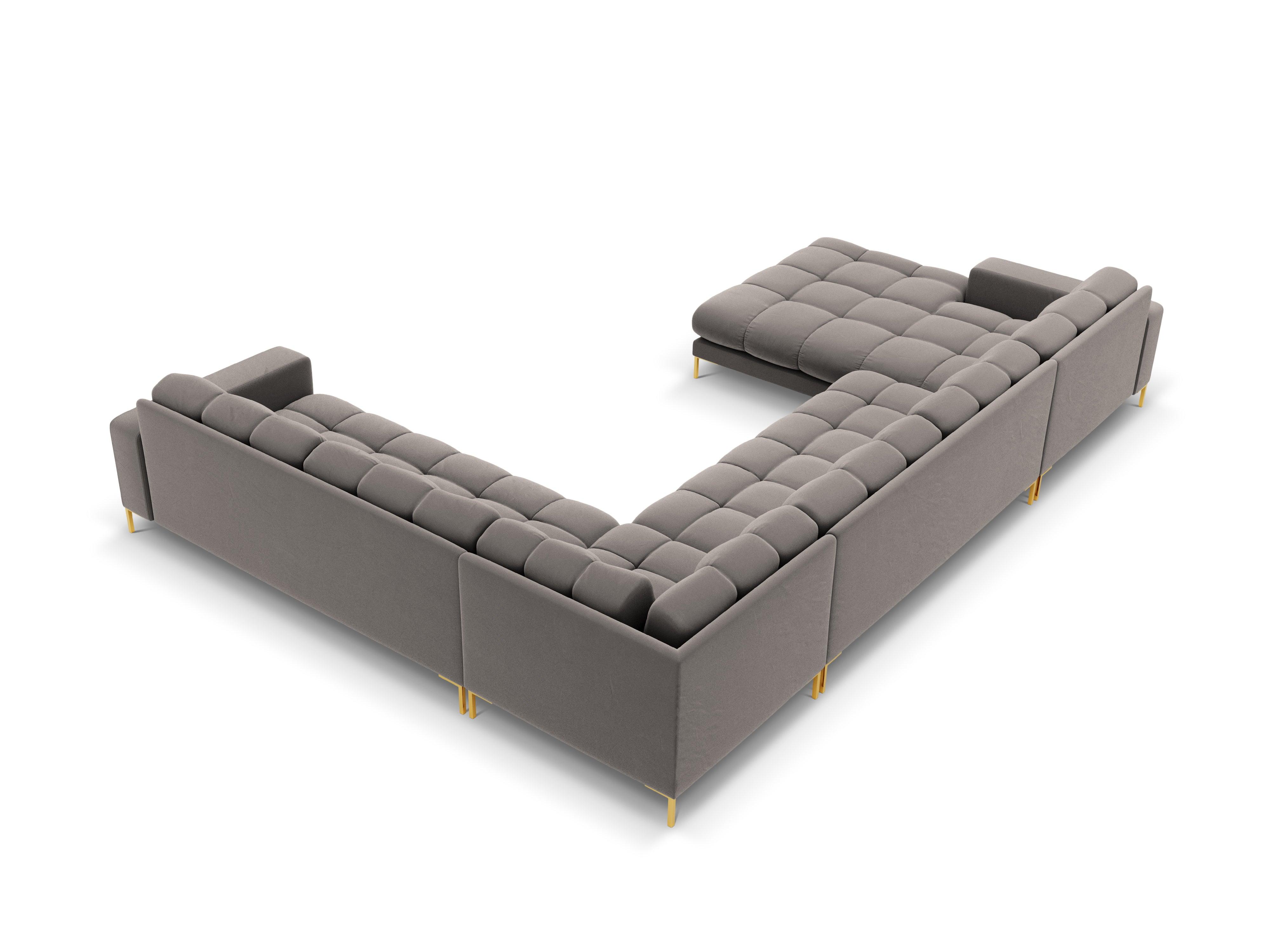 Sofa aksamitna panoramiczna prawostronna 7-osobowa BALI jasnoszary ze złotą podstawą Cosmopolitan Design Eye on Design
