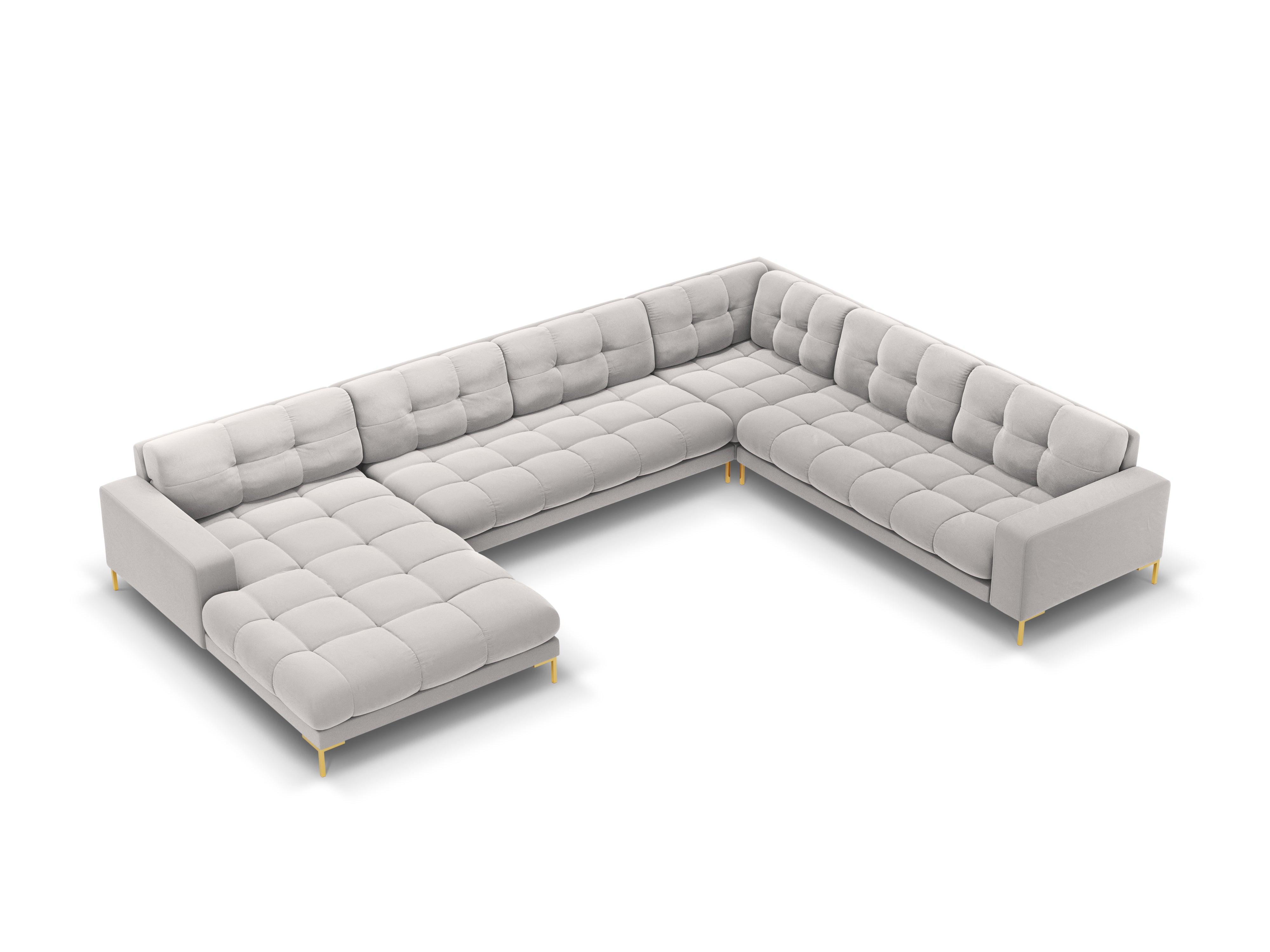 Sofa aksamitna panoramiczna prawostronna 7-osobowa BALI srebrny ze złotą podstawą Cosmopolitan Design Eye on Design