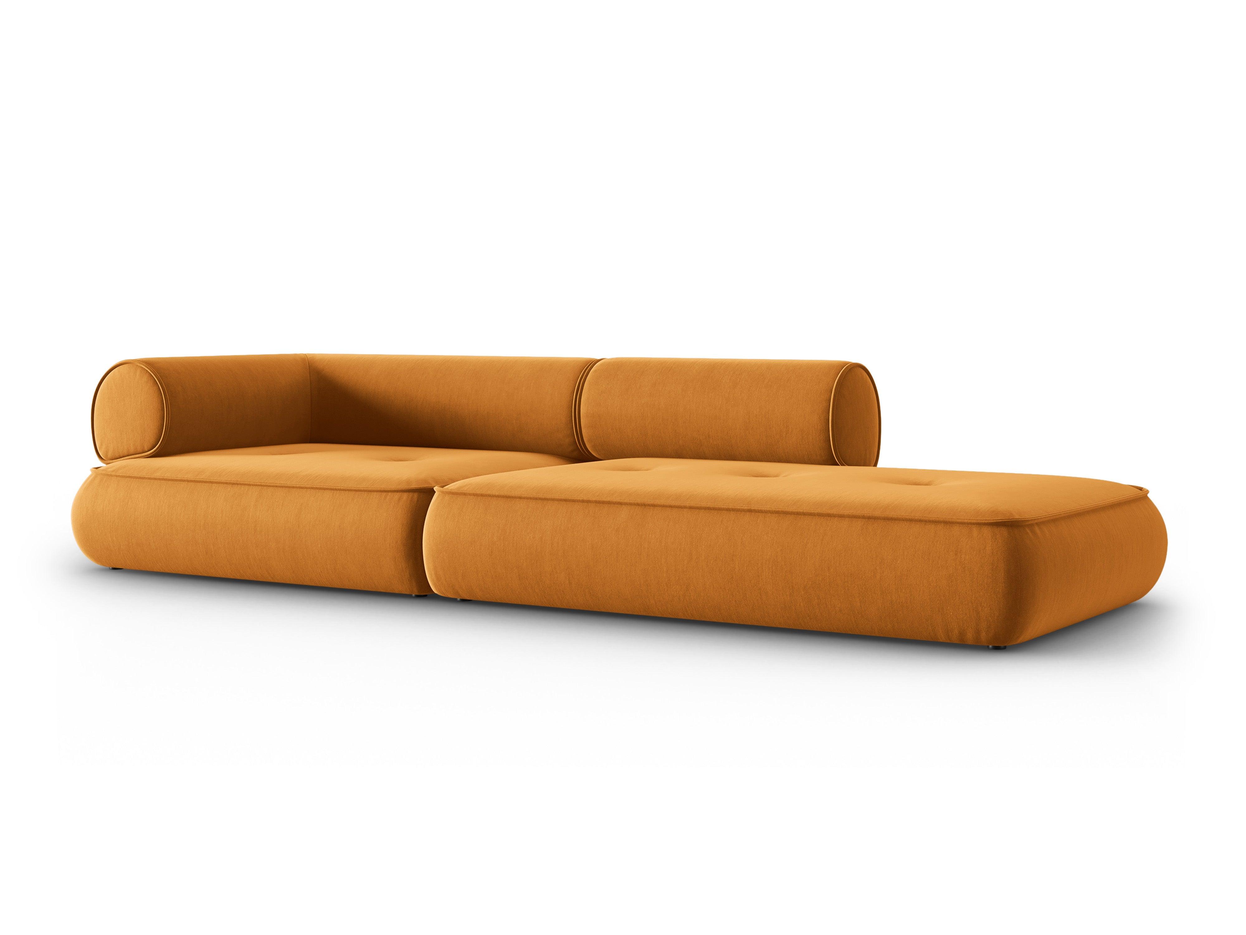 Sofa w tkaninie szenilowej otwarta prawostronna LILY musztardowy Maison Heritage Eye on Design