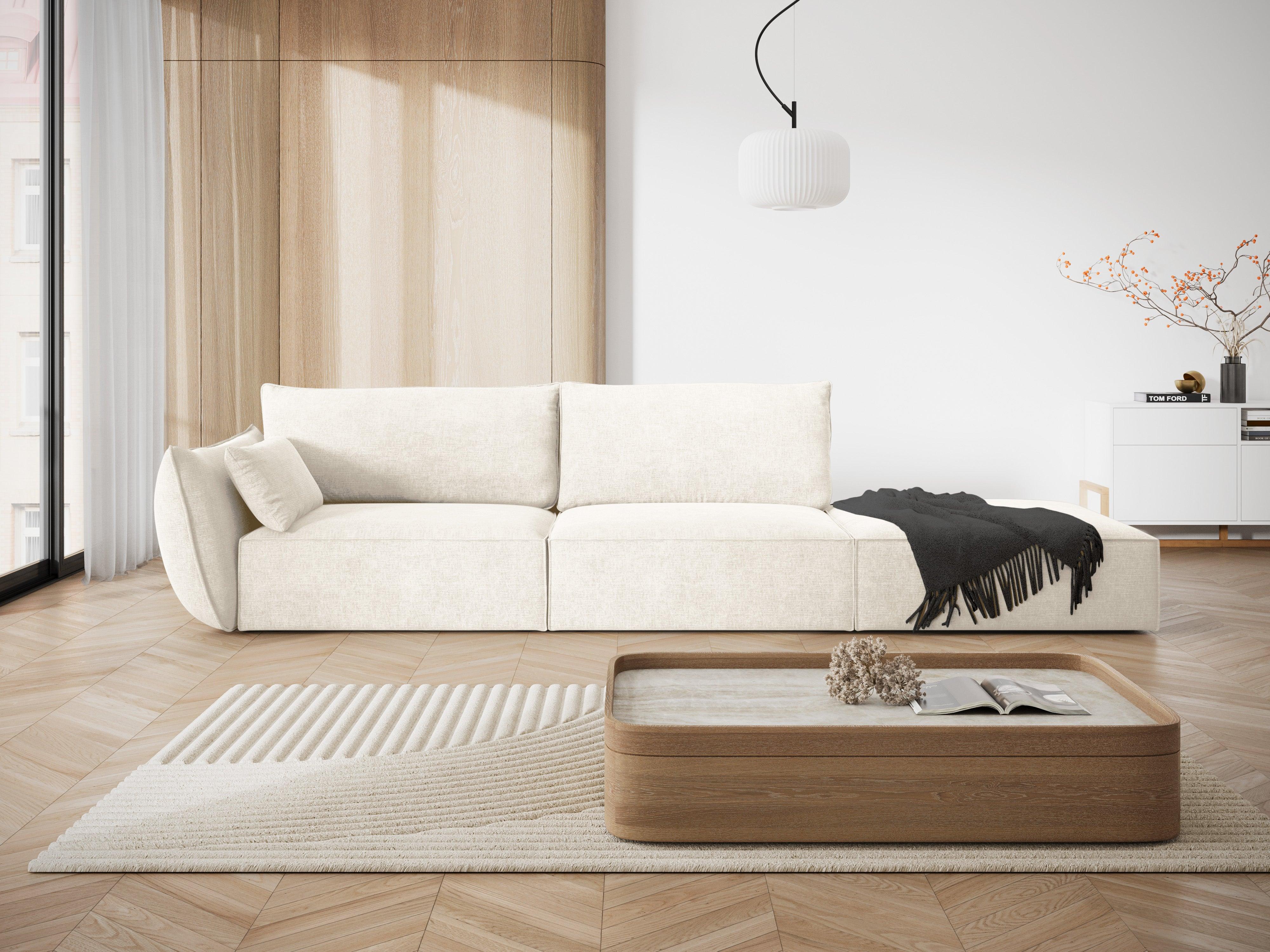 Sofa w tkaninie szenilowej prawostronna otwarta VANDA jasnobeżowy Mazzini Sofas Eye on Design