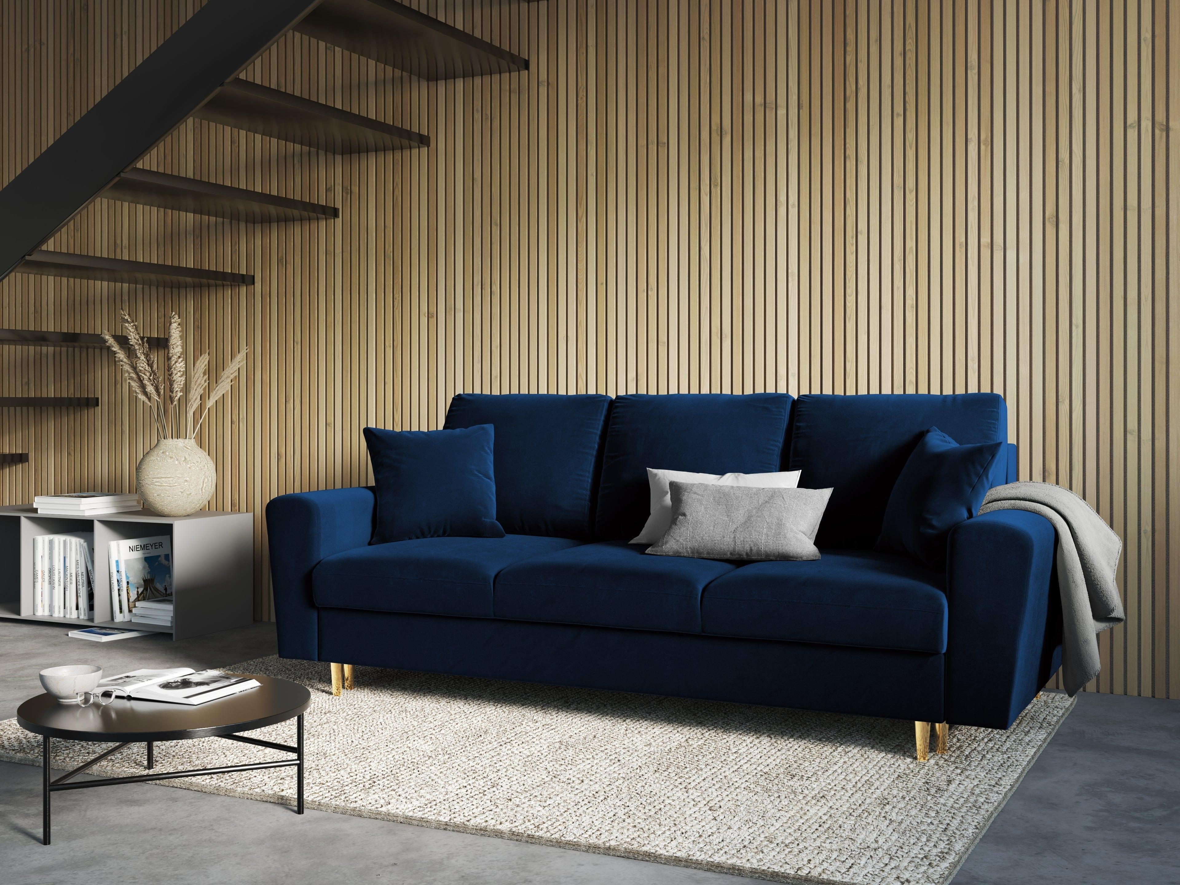 Sofa z funkcją spania KYOTO niebieski ze złotą podstawą Cosmopolitan Design Eye on Design