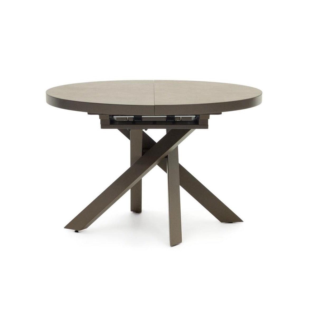 Stół rozkładany okrągły VASHTI porcelanowy blat z brązową podstawą La Forma Eye on Design