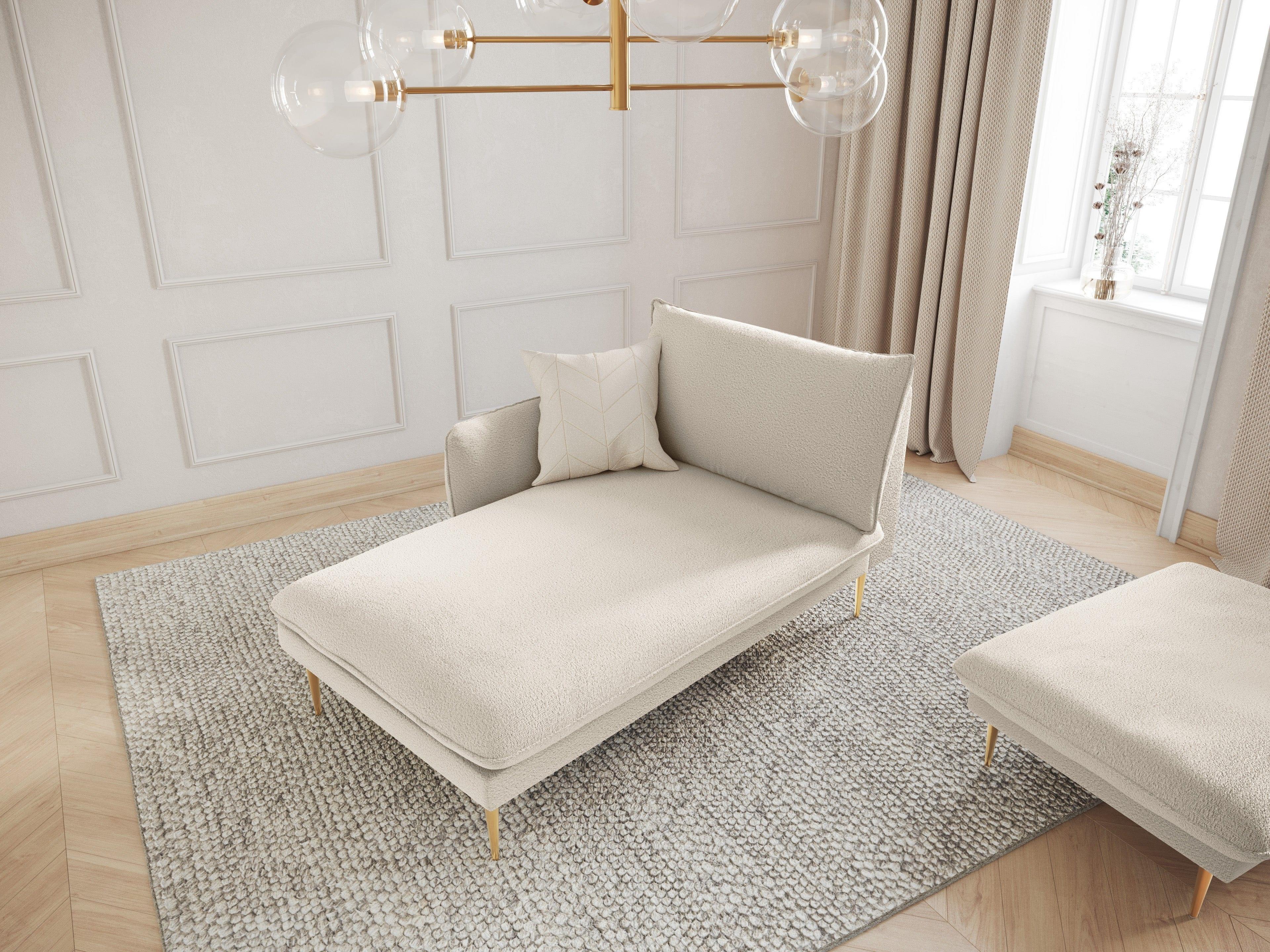 Szezlong w tkaninie boucle lewostronny VIENNA beżowy ze złotą podstawą Cosmopolitan Design Eye on Design