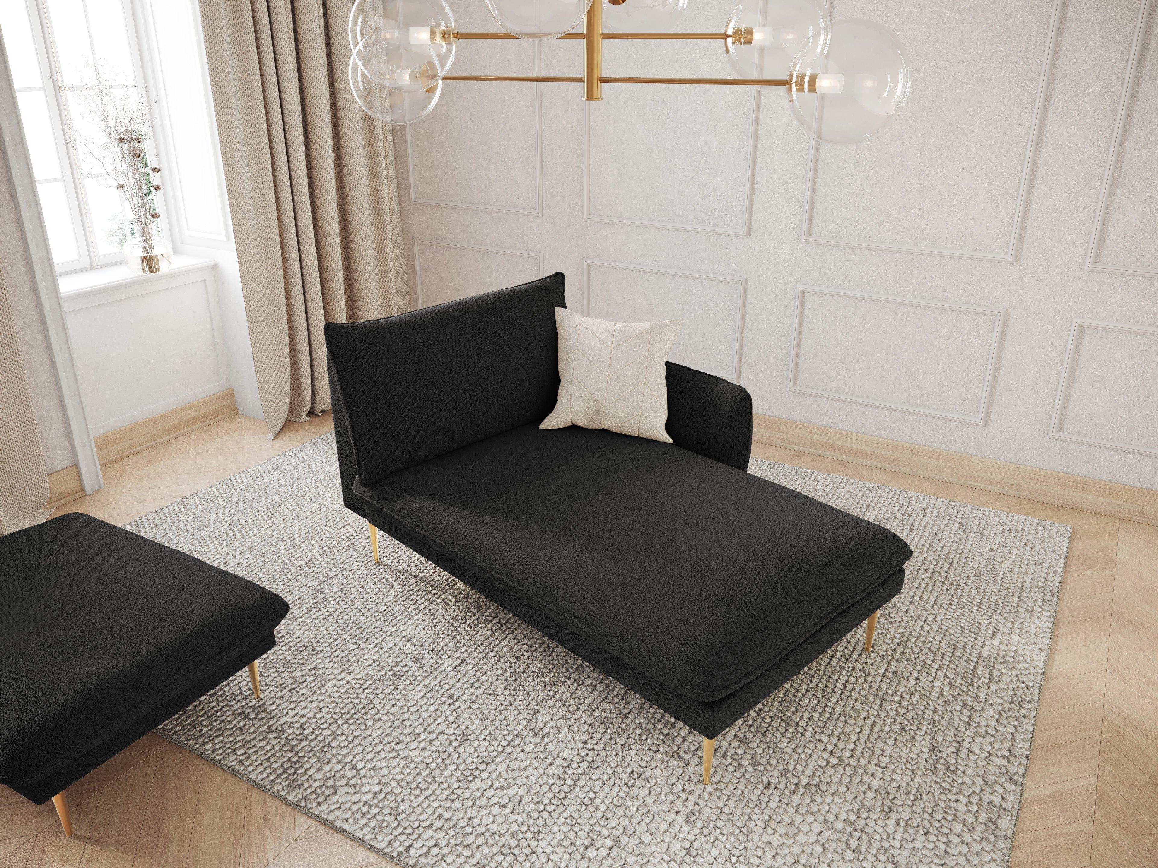 Szezlong w tkaninie boucle prawostronny VIENNA czarny ze złotą podstawą Cosmopolitan Design Eye on Design