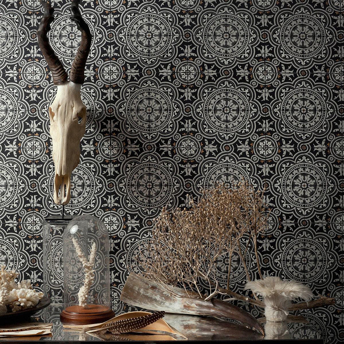 Wallpaper with a geometric pattern of ornaments resembling ceramics ALBEMARLE - Piccadilly ochre