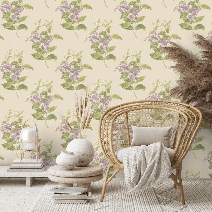 Wallpaper with a floral plant motif ARCHIVE ANTHOLOGY - Madras Violet fuchsia on parchment