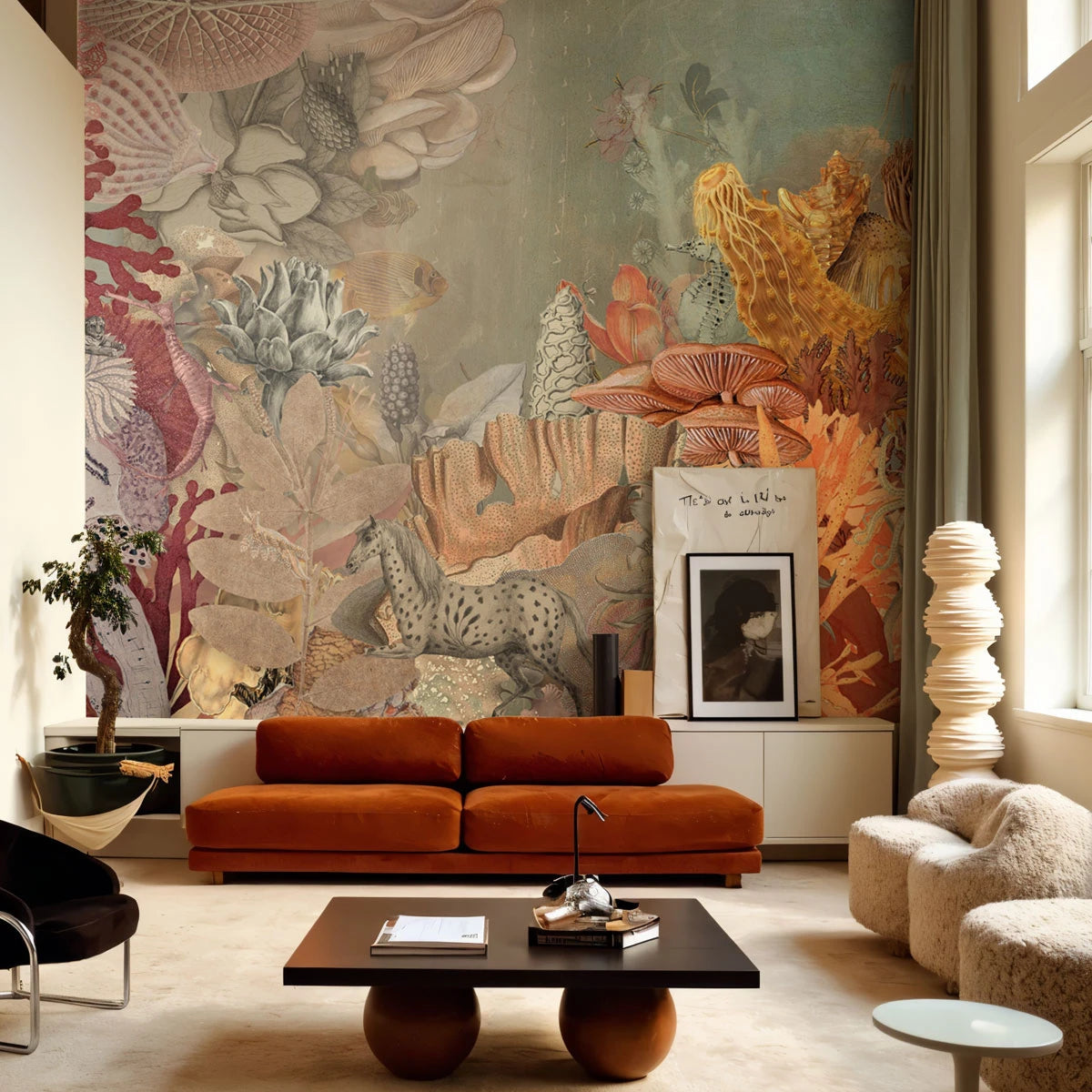 Non-woven wallpaper with a marine motif CORAL MIRAGE green with coral