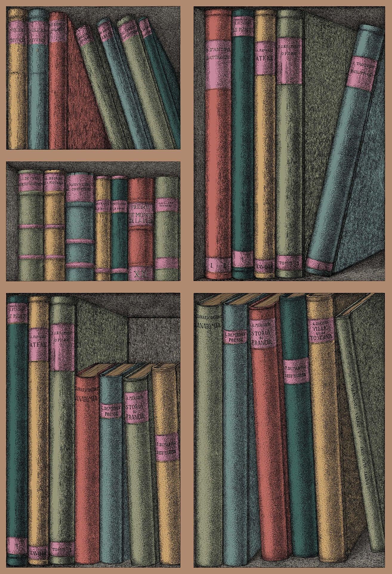 Tapete mit Bibliotheks- und Buchmotiv FORNASETTI - Ex Libris bunt