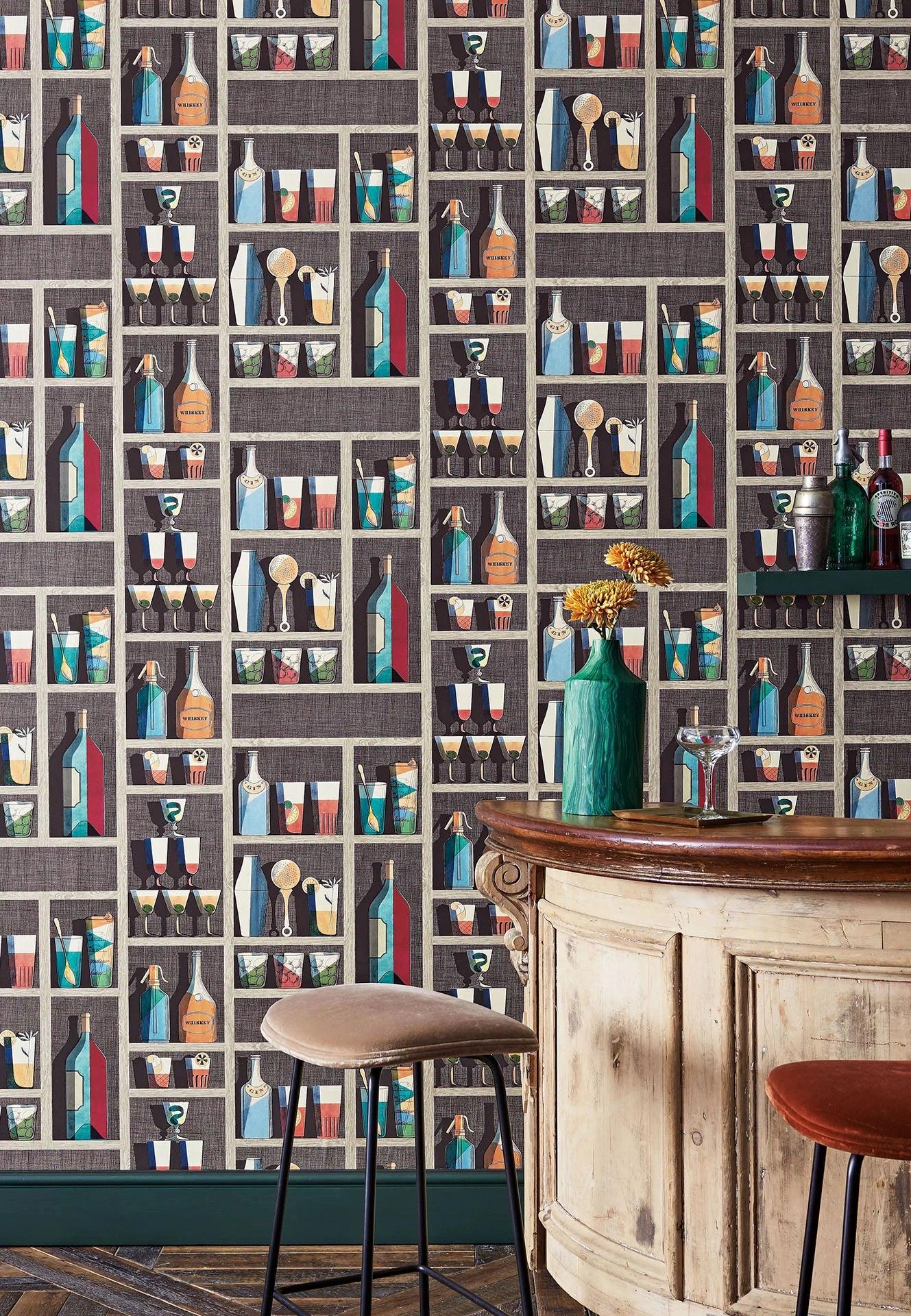 Wallpaper with bar and bottle motif FORNASETTI SENZA TEMPO - Cocktails gray
