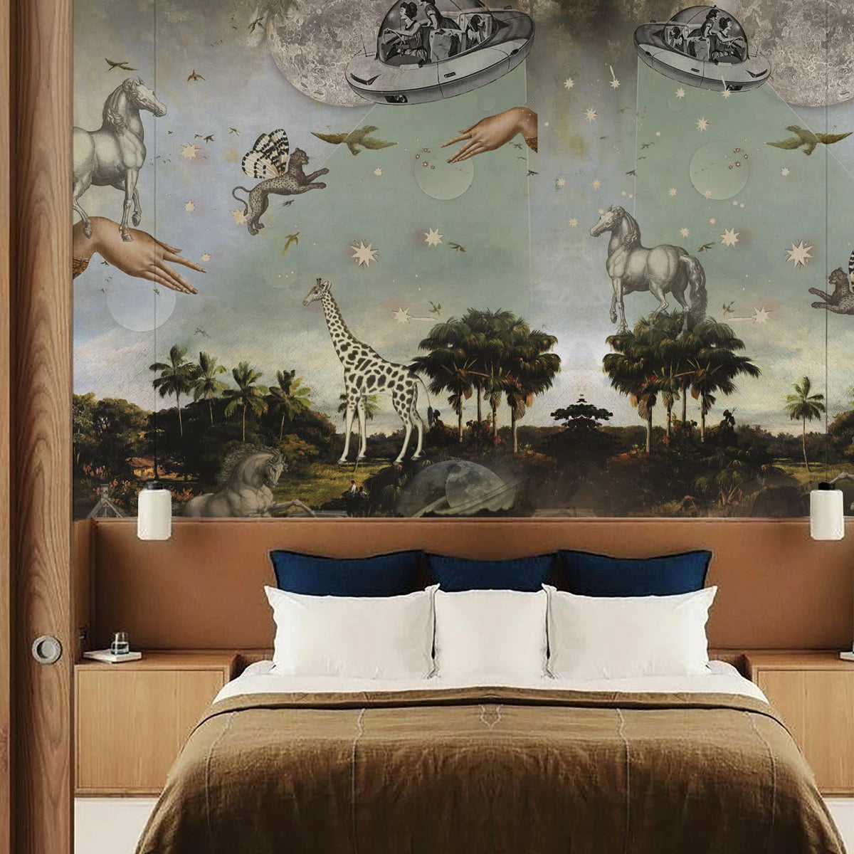 STARDUST SAFARI Wallpaper with a Magical Landscape in Dark Green and Blue