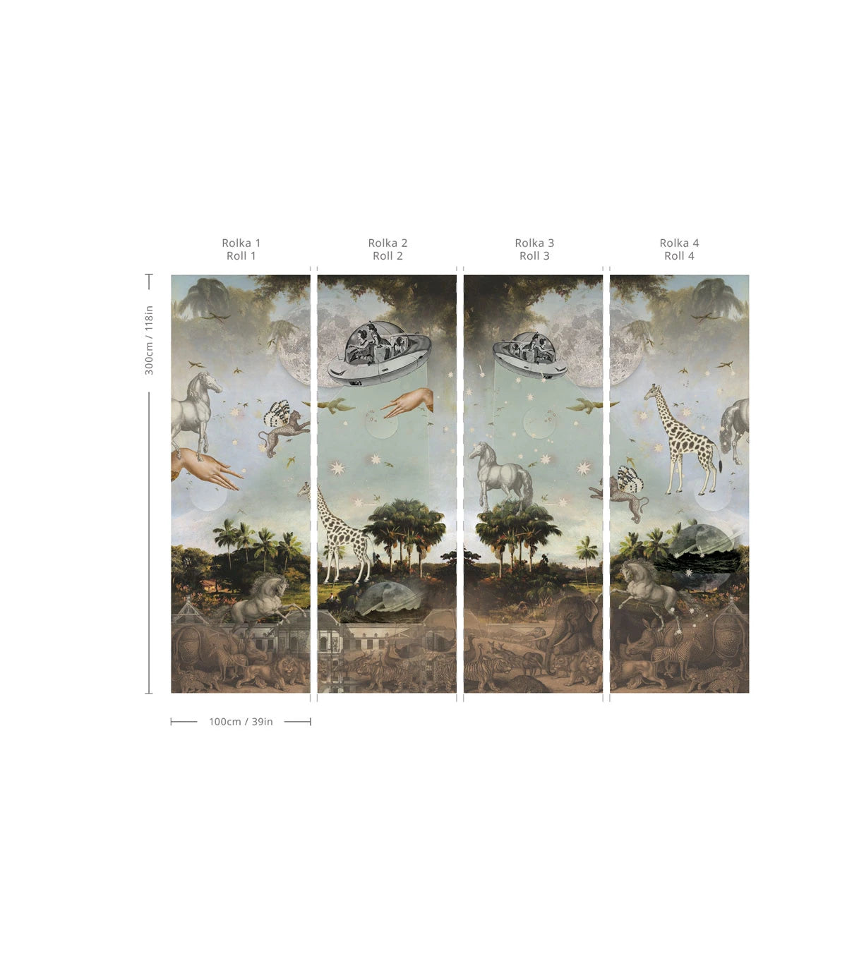 STARDUST SAFARI Wallpaper with a Magical Landscape in Dark Green and Blue