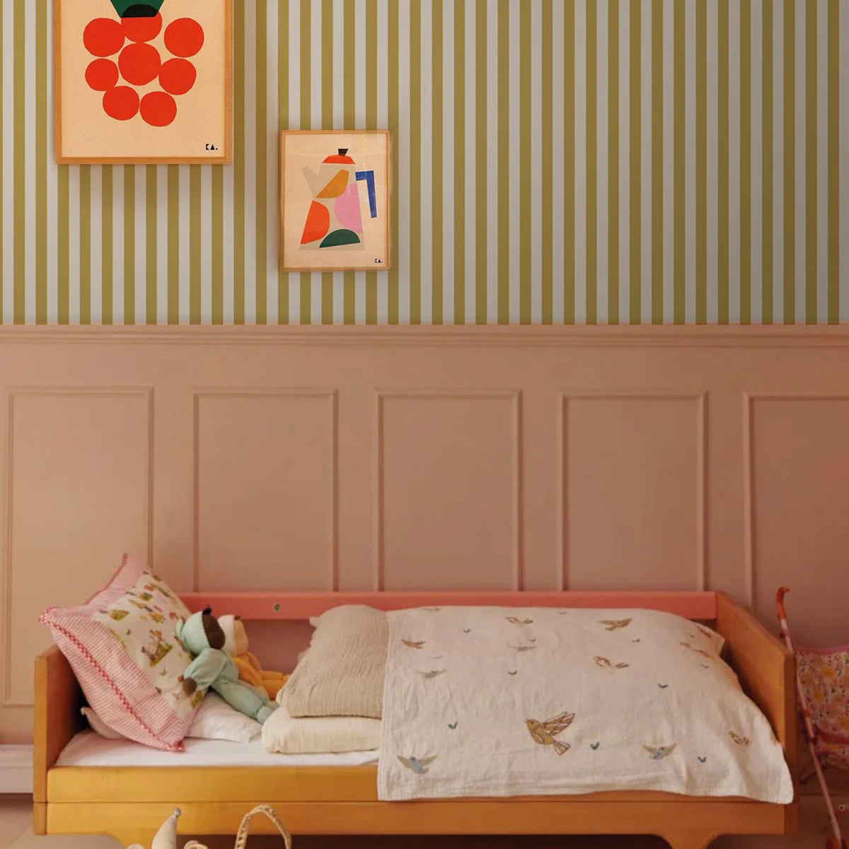 Wallpaper with a geometric striped pattern STRIPE MEADOW MUSTARD mustard with gray