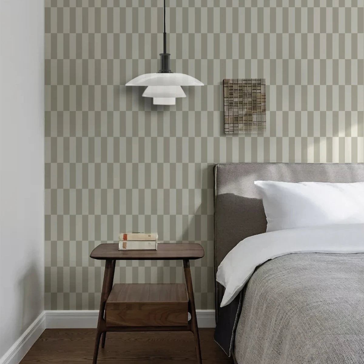 Non-woven wallpaper with geometric pattern TETRIS STRIPE gray-beige