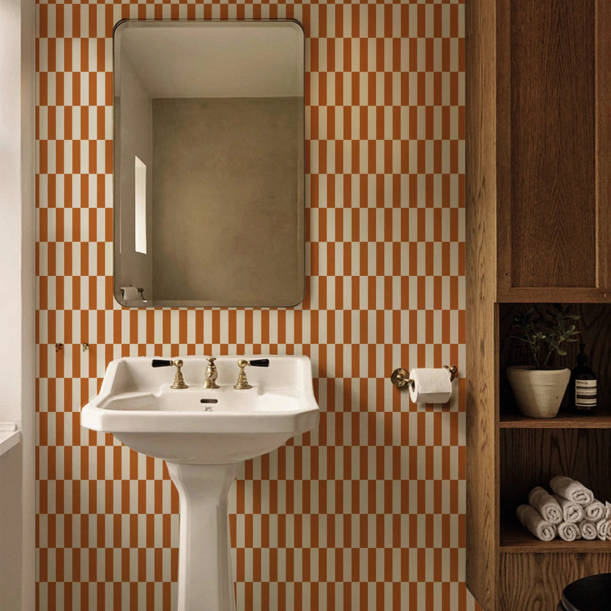 Non-woven wallpaper with a geometric pattern TETRIS STRIPE terracotta
