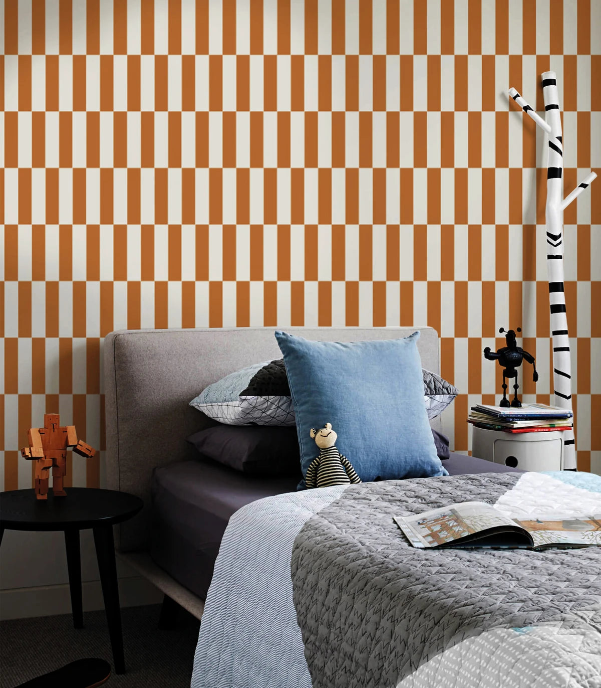 Non-woven wallpaper with a geometric pattern TETRIS STRIPE terracotta
