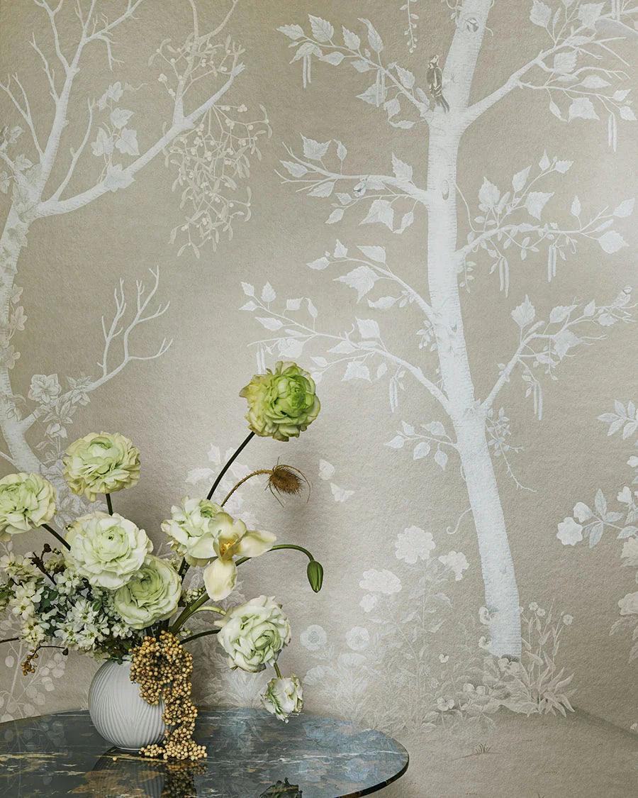 Wallpaper with a plant motif of trees and forest THE GARDENS - Seasonal Woods gray